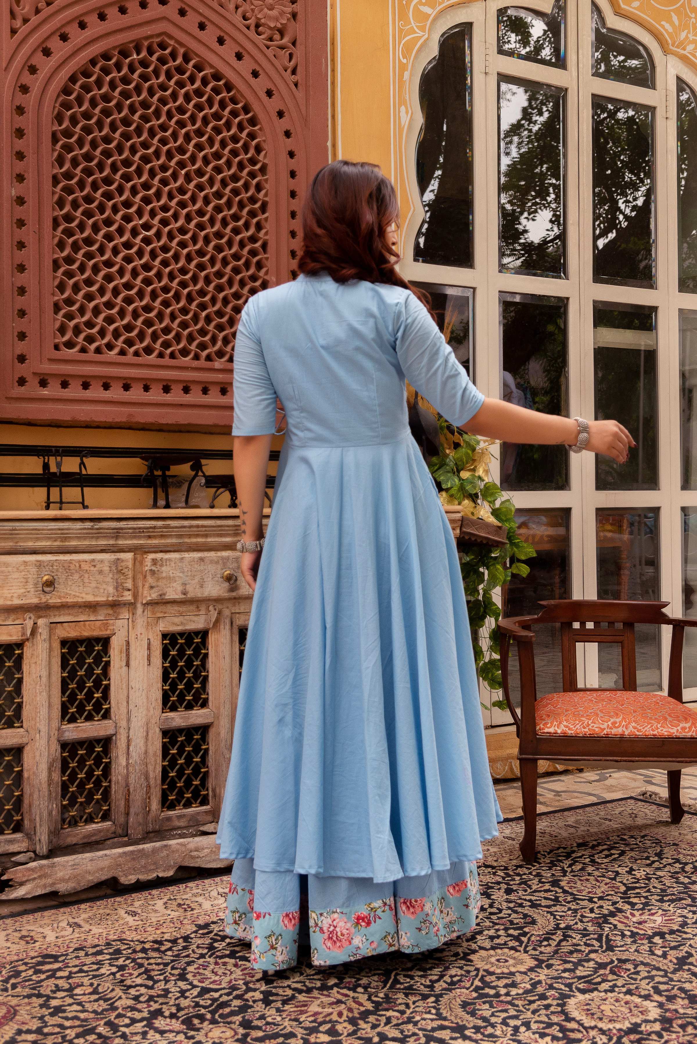 Pomcha Jaipur Gaurangi Powder Blue Cotton Skirt And Angrakha Set