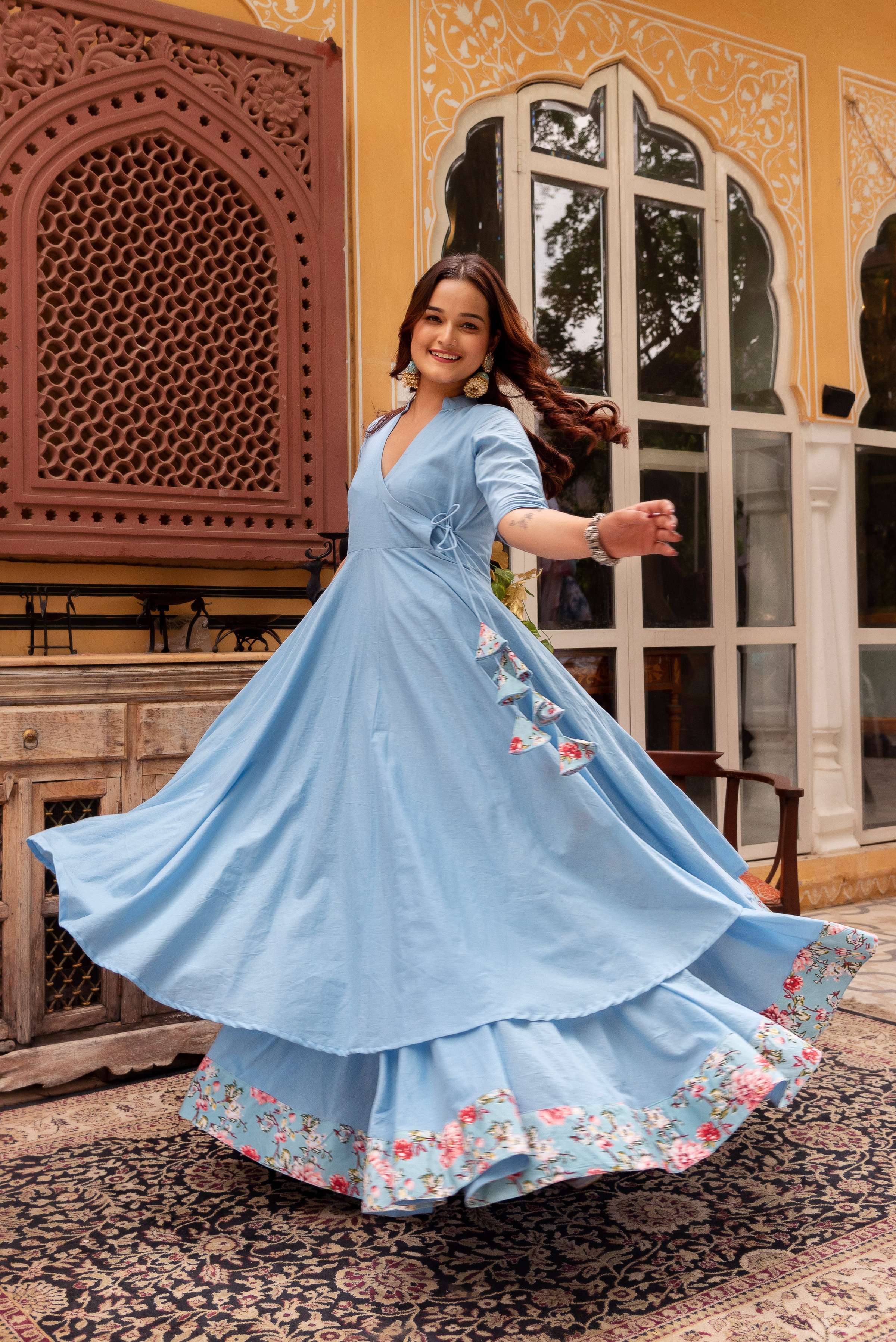Pomcha Jaipur Gaurangi Powder Blue Cotton Skirt And Angrakha Set - Distacart