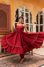 Thumbnail for Pomcha Jaipur Gaurangi Maroon Gota Patti Cotton Tiered Anarkali Set