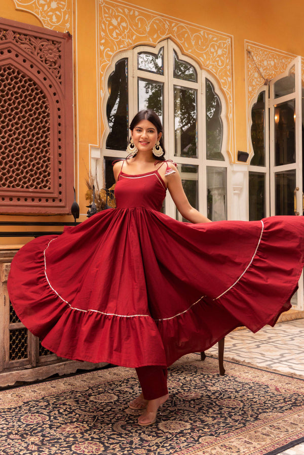 Pomcha Jaipur Gaurangi Maroon Gota Patti Cotton Tiered Anarkali Set