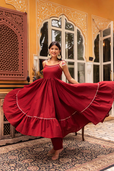 Pomcha Jaipur Gaurangi Maroon Gota Patti Cotton Tiered Anarkali Set
