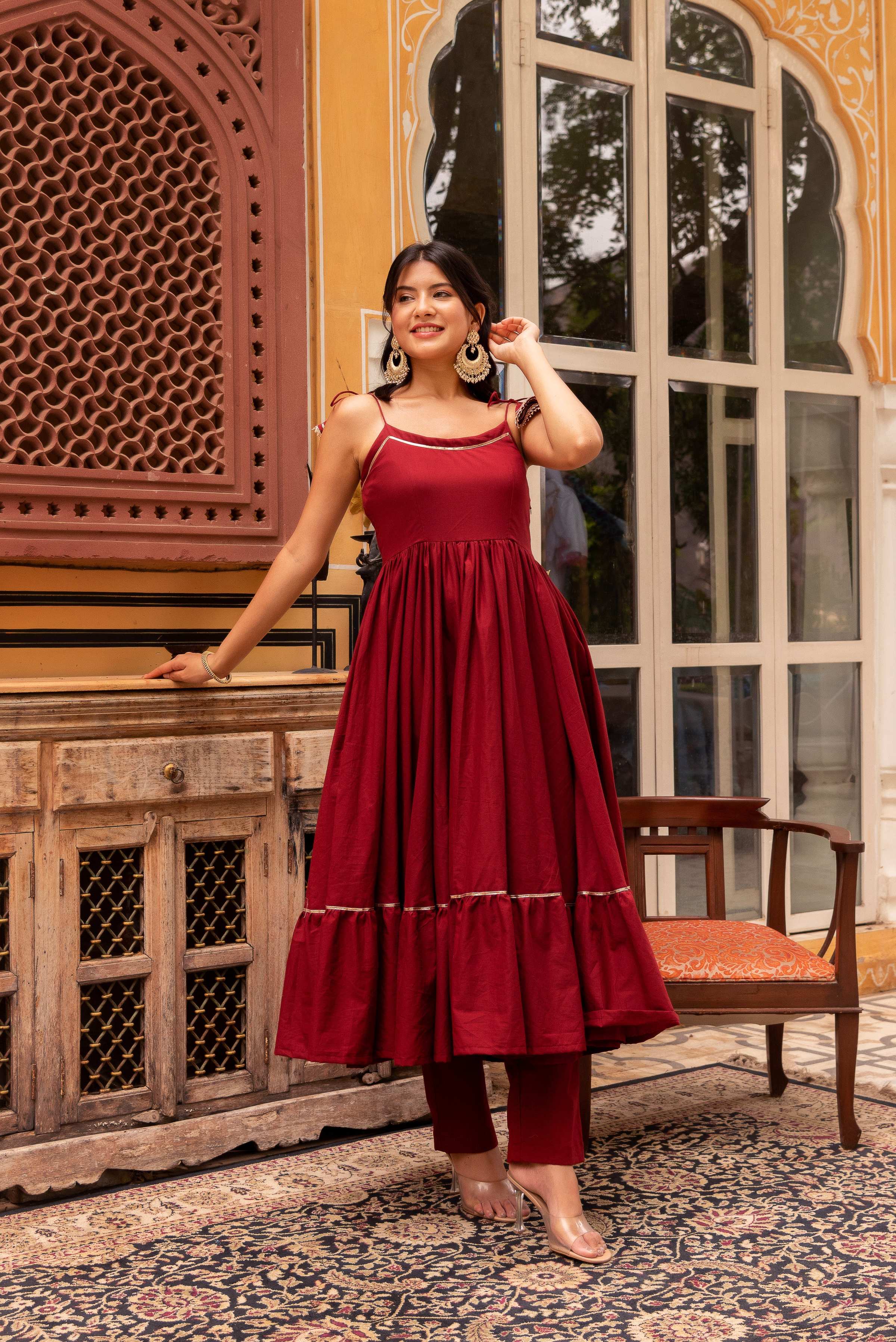 Pomcha Jaipur Gaurangi Maroon Gota Patti Cotton Tiered Anarkali Set