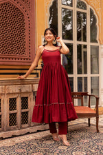 Thumbnail for Pomcha Jaipur Gaurangi Maroon Gota Patti Cotton Tiered Anarkali Set