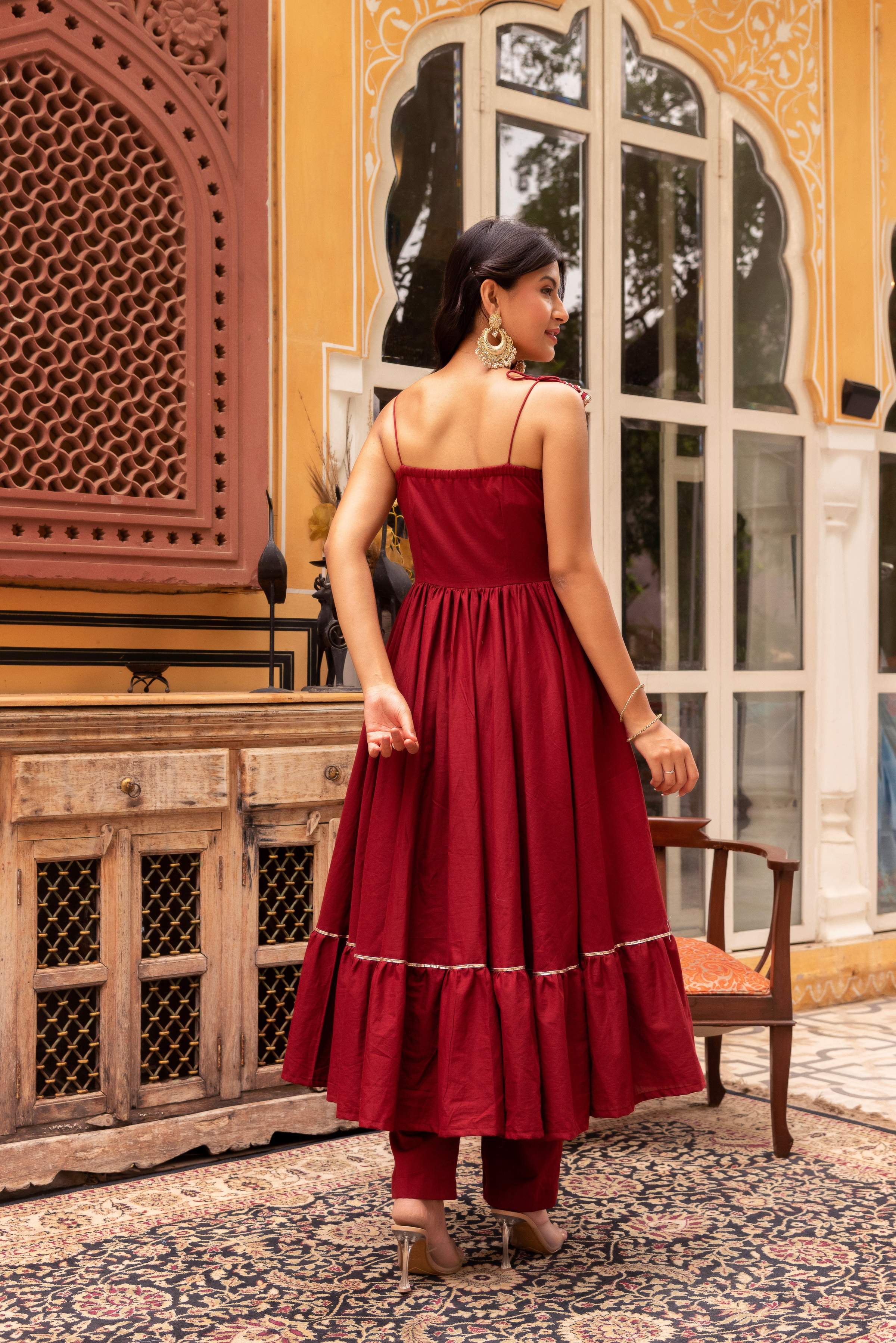 Pomcha Jaipur Gaurangi Maroon Gota Patti Cotton Tiered Anarkali Set