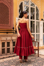 Thumbnail for Pomcha Jaipur Gaurangi Maroon Gota Patti Cotton Tiered Anarkali Set