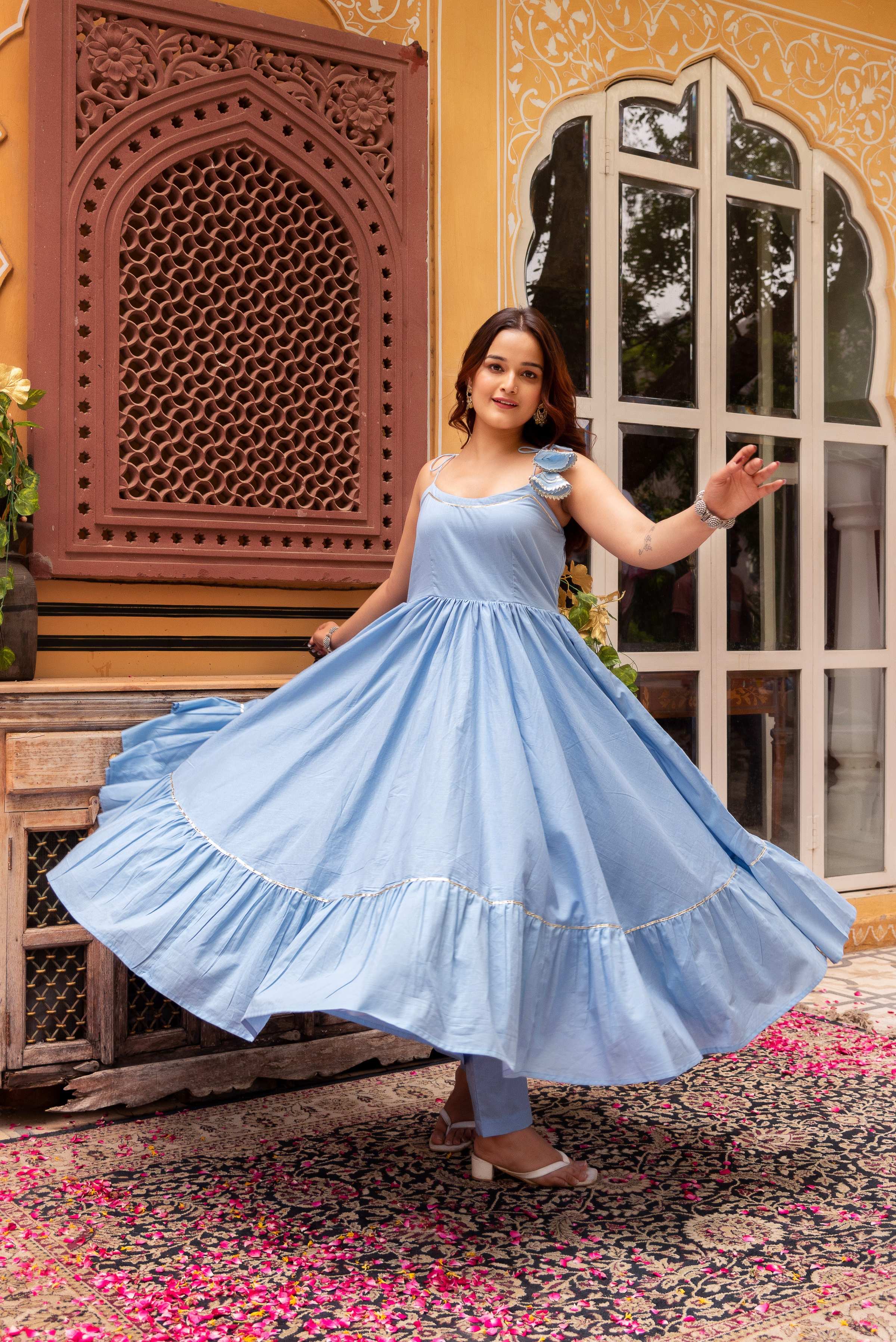 Pomcha Jaipur Gaurangi Powder Blue Gota Patti Cotton Tiered Anarkali Set - Distacart