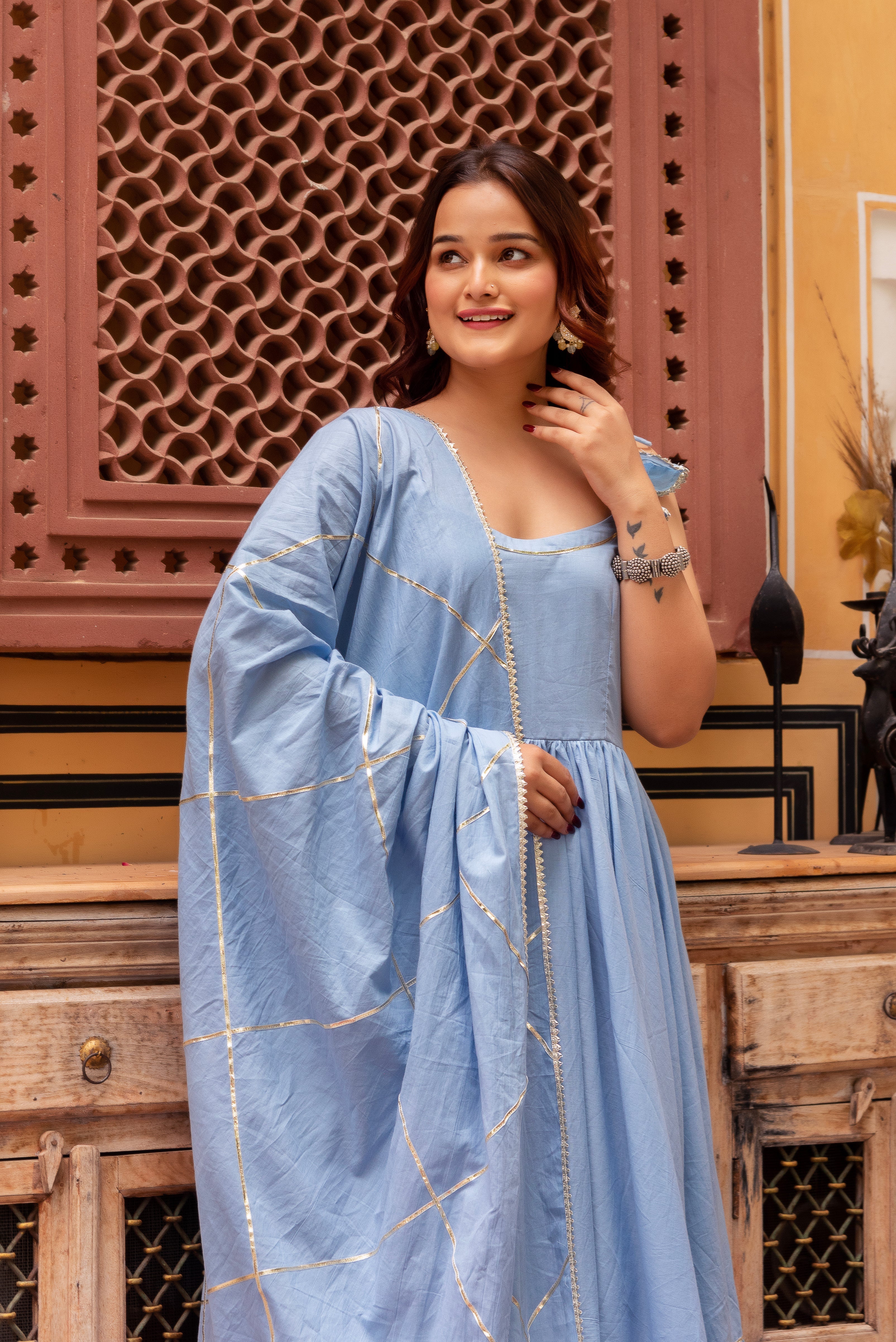 Pomcha Jaipur Gaurangi Powder Blue Gota Patti Cotton Tiered Anarkali Set