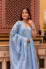 Thumbnail for Pomcha Jaipur Gaurangi Powder Blue Gota Patti Cotton Tiered Anarkali Set