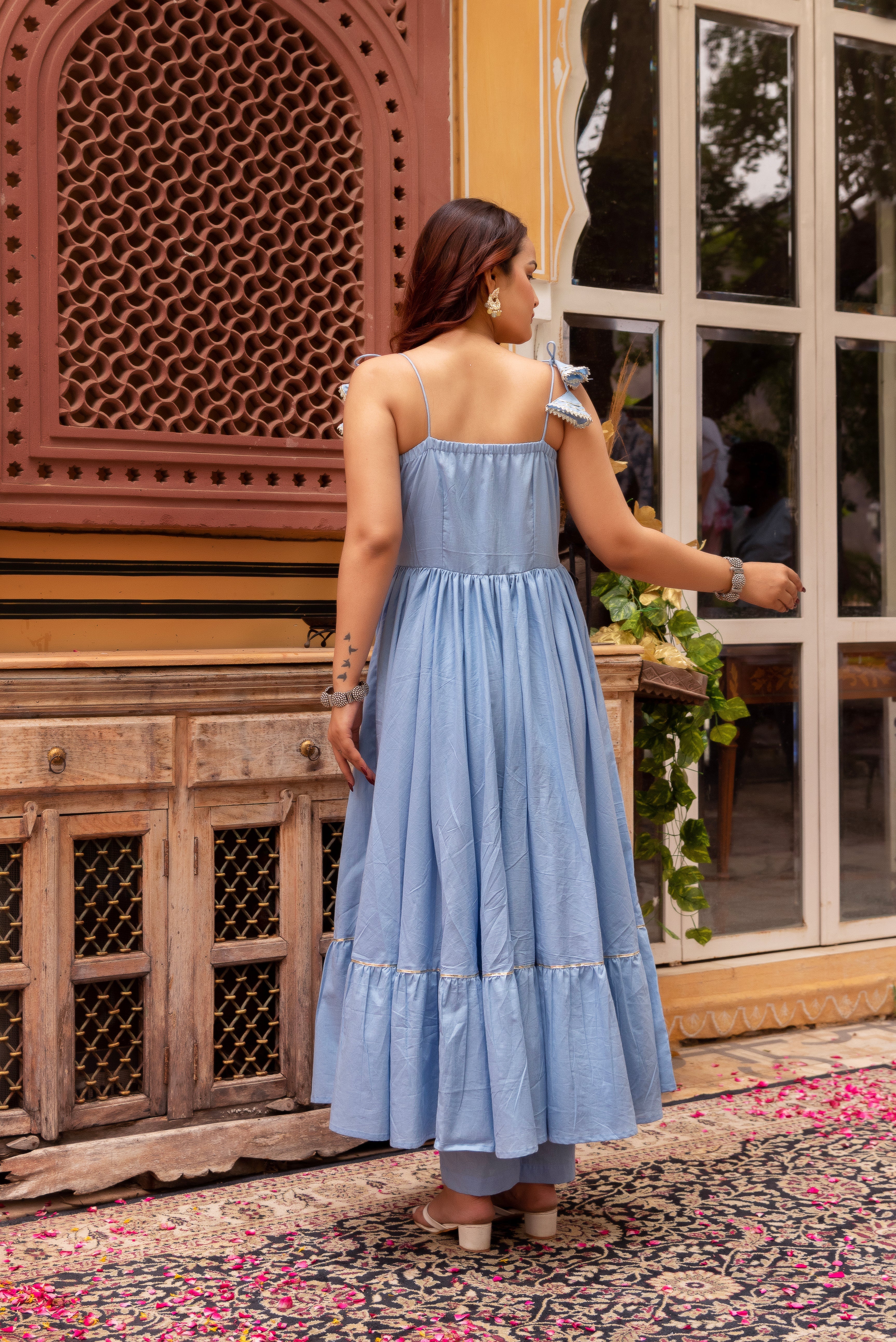 Pomcha Jaipur Gaurangi Powder Blue Gota Patti Cotton Tiered Anarkali Set