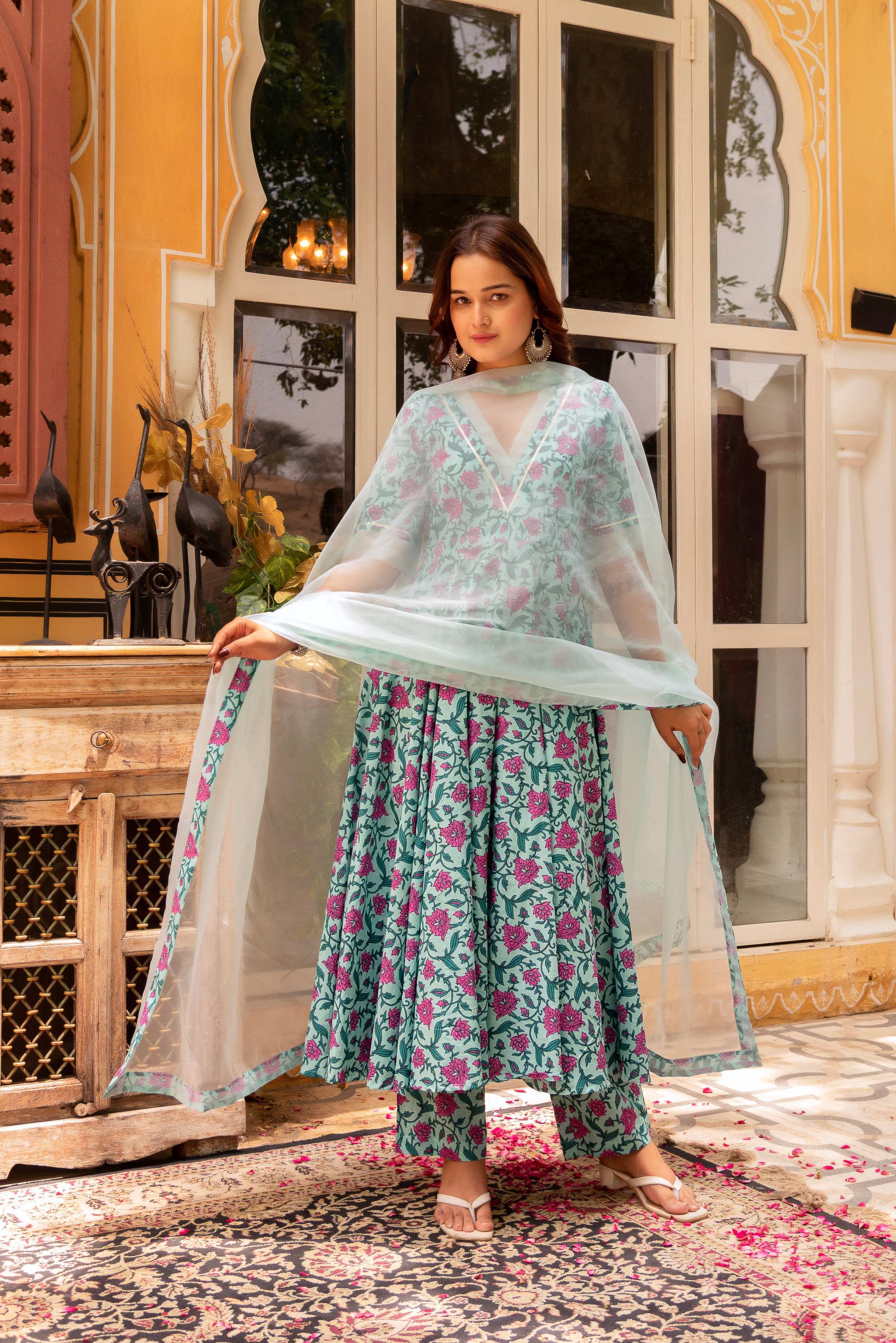 Pomcha Jaipur Gaurangi Blue Pink Cotton Printed Anarkali Set - Distacart