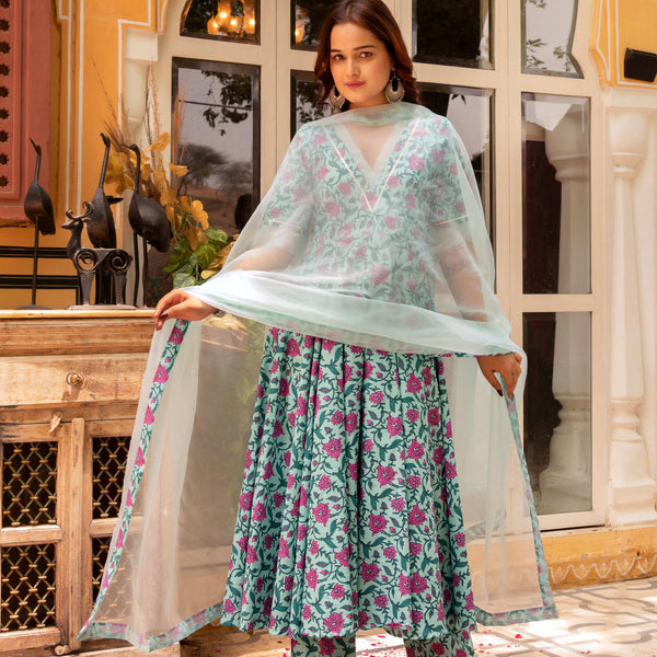 Pomcha Jaipur Gaurangi Blue Pink Cotton Printed Anarkali Set - Distacart