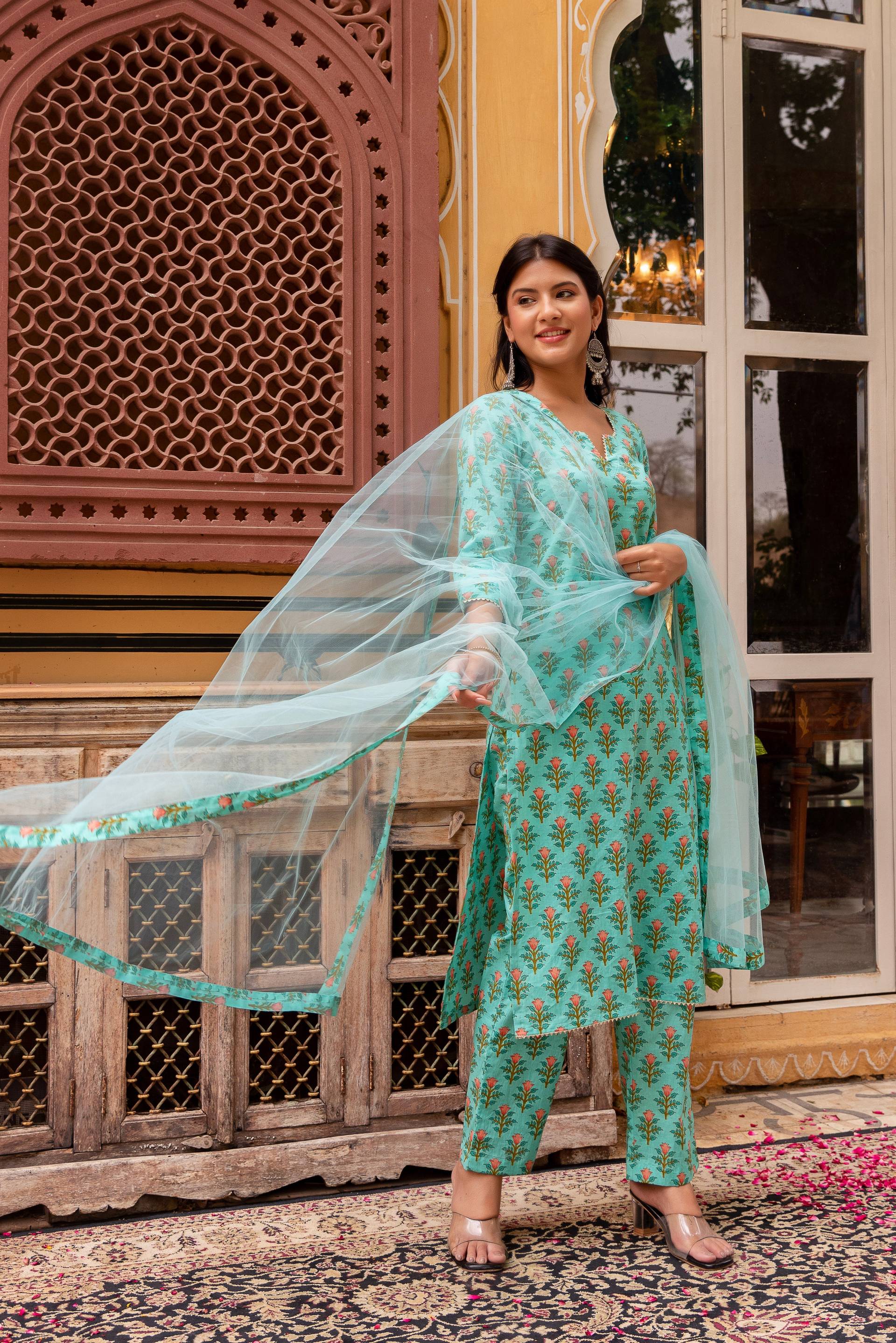 Pomcha Jaipur Gaurangi Aqua Green Cotton Printed Suit Set - Distacart