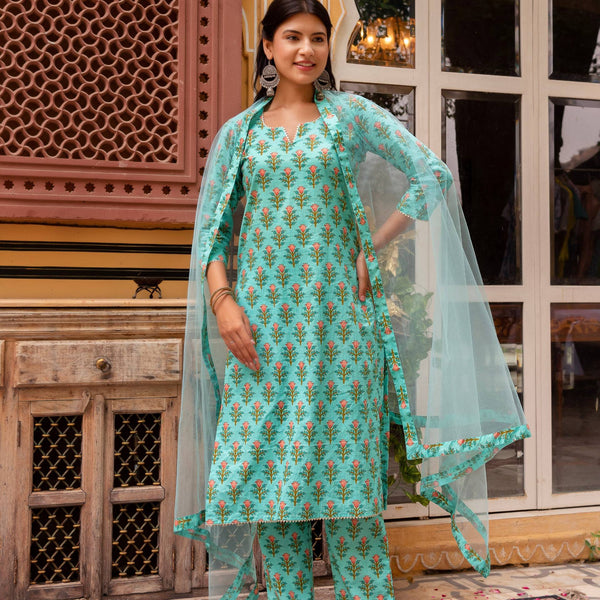 Pomcha Jaipur Gaurangi Aqua Green Cotton Printed Suit Set - Distacart