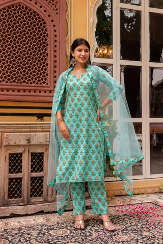 Pomcha Jaipur Gaurangi Aqua Green Cotton Printed Suit Set - Distacart