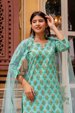 Thumbnail for Pomcha Jaipur Gaurangi Aqua Green Cotton Printed Suit Set