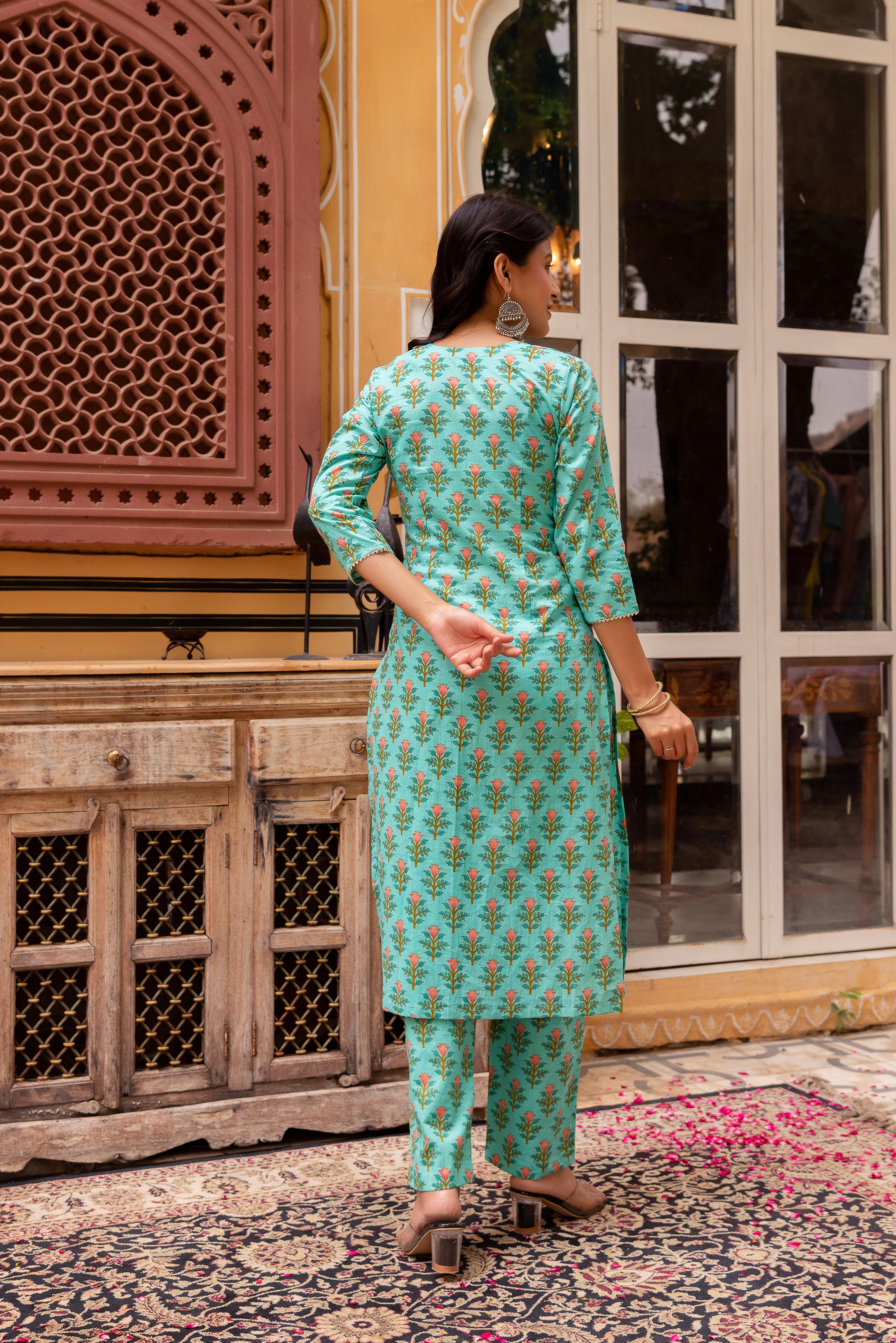 Pomcha Jaipur Gaurangi Aqua Green Cotton Printed Suit Set