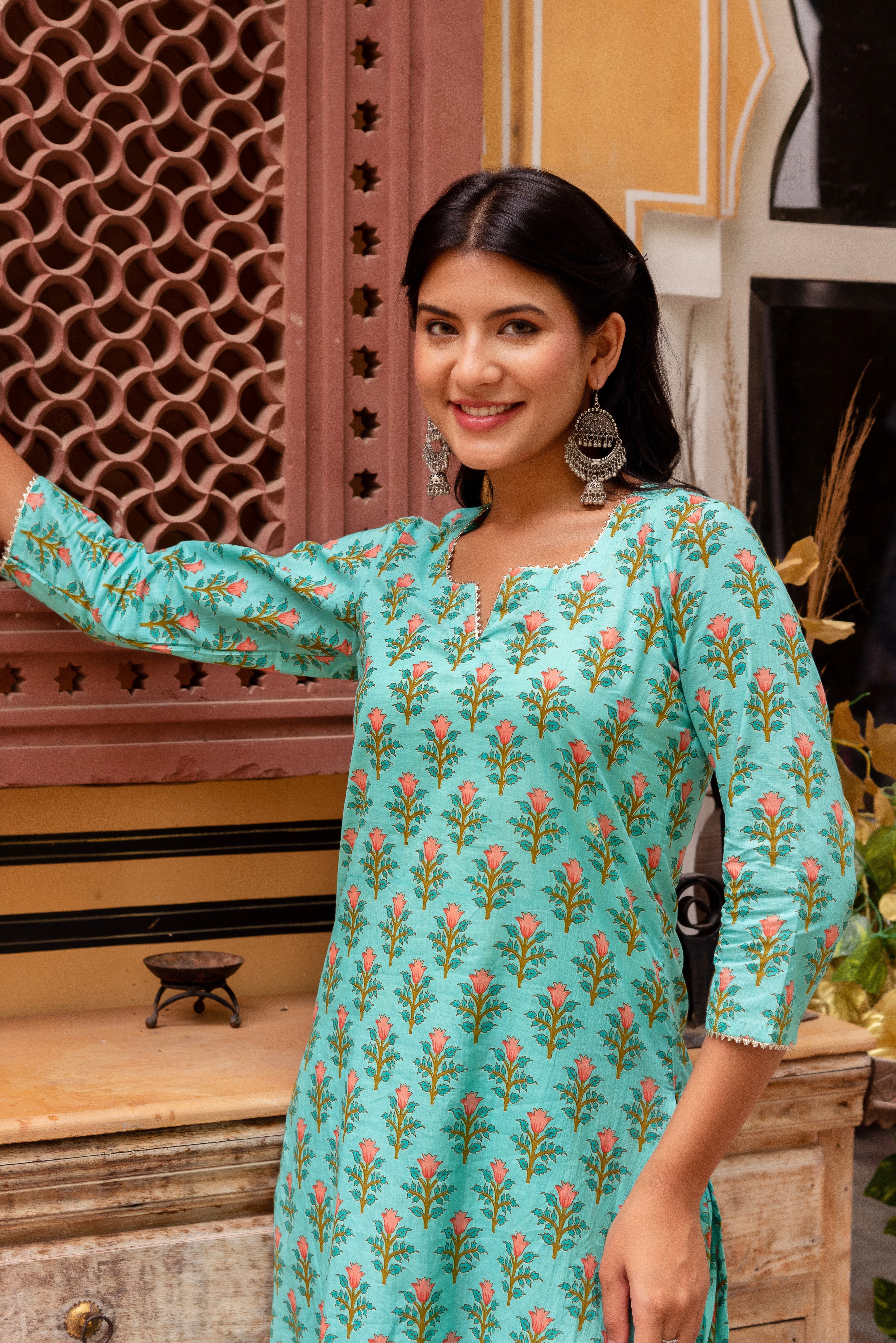 Pomcha Jaipur Gaurangi Aqua Green Cotton Printed Suit Set