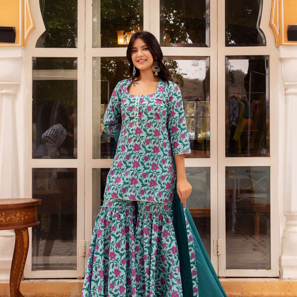 Pomcha Jaipur Gaurangi Kanchan Blue Printed Sharara Set - Distacart