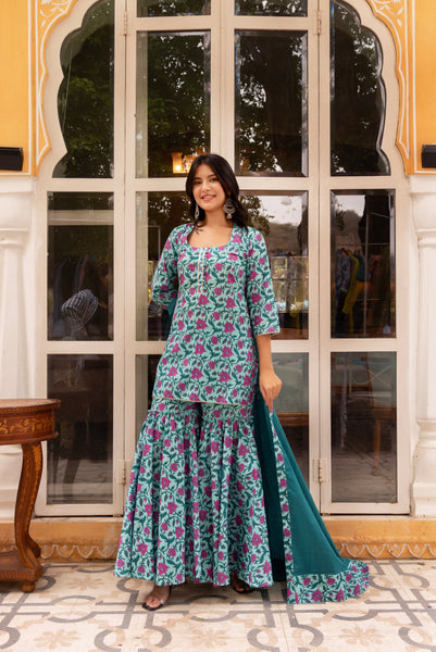 Pomcha Jaipur Gaurangi Kanchan Blue Printed Sharara Set