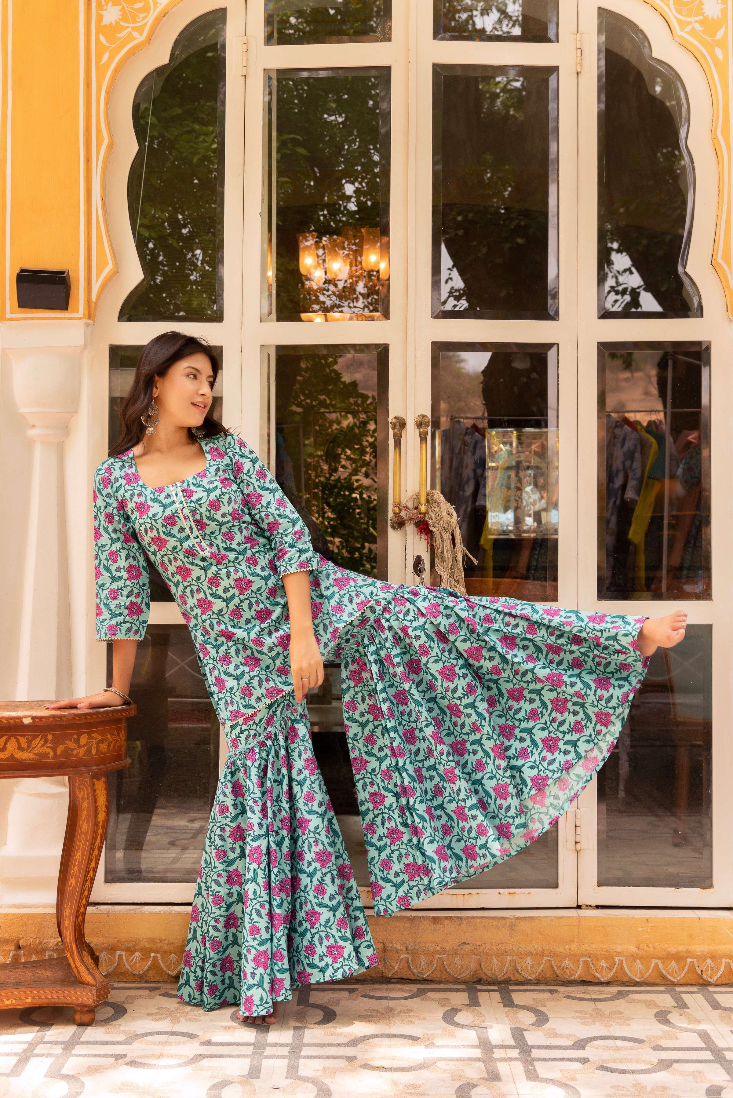 Pomcha Jaipur Gaurangi Kanchan Blue Printed Sharara Set - Distacart