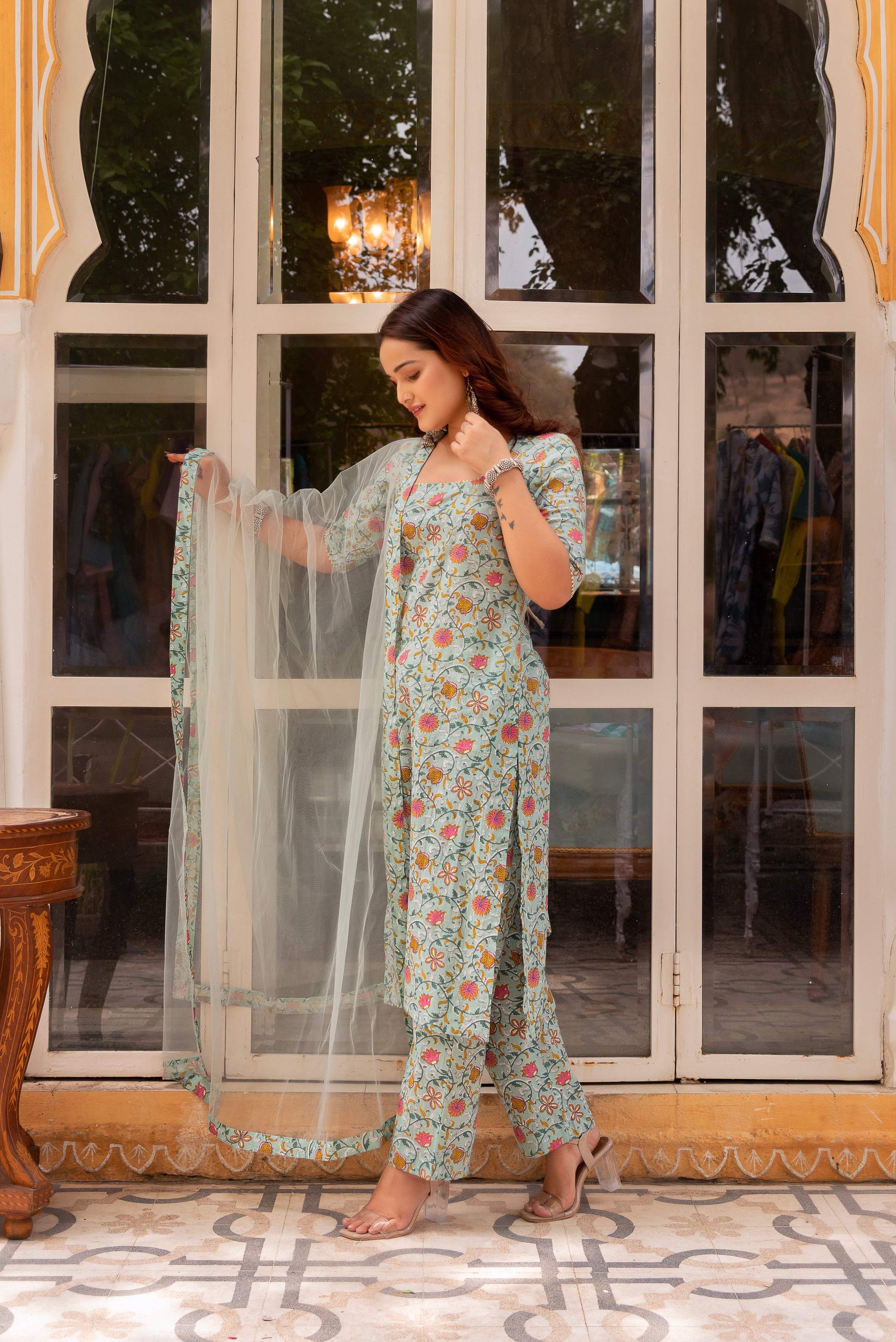 Pomcha Jaipur Gaurangi Pista Green Jaal Print Cotton Suit Set