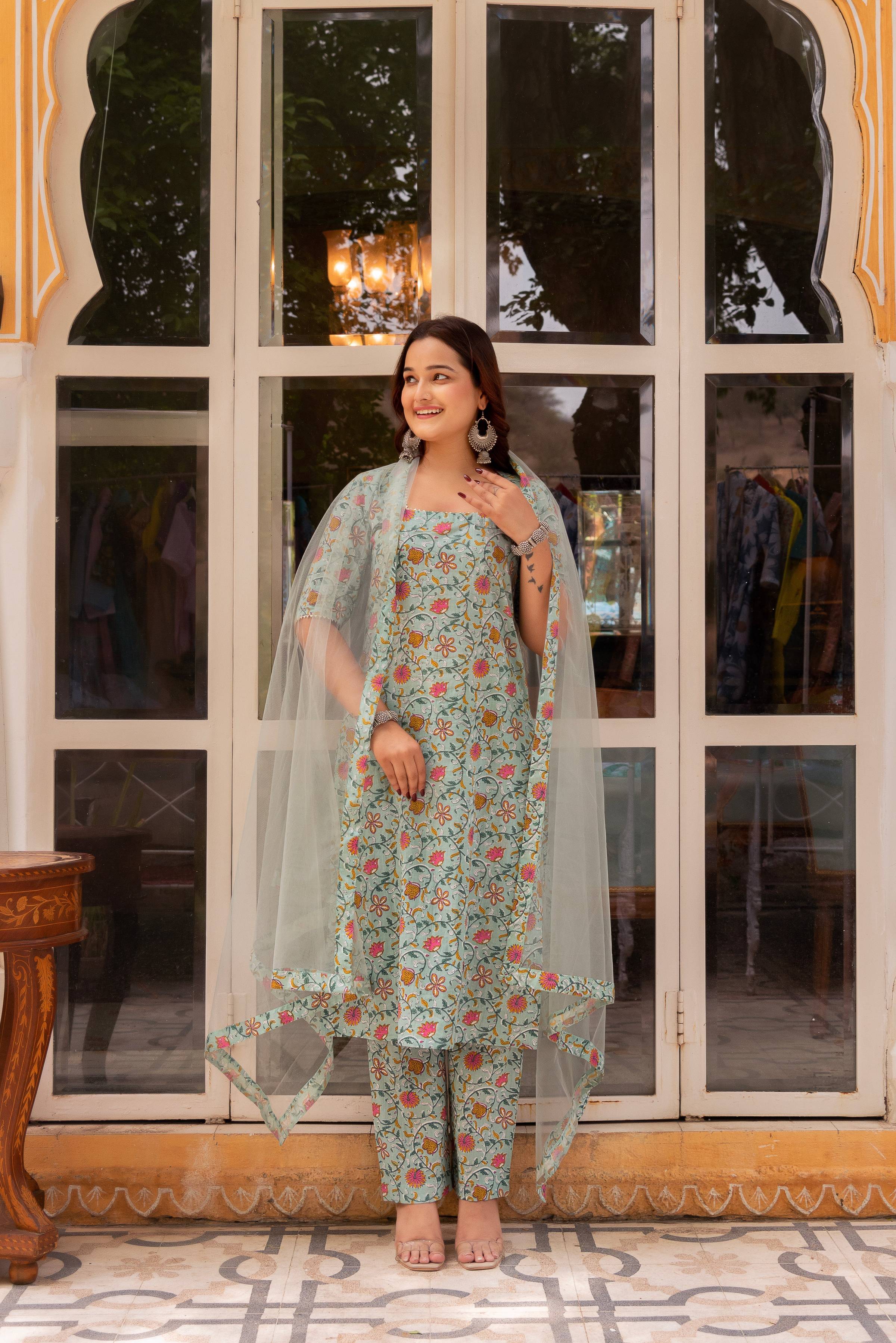 Pomcha Jaipur Gaurangi Pista Green Jaal Print Cotton Suit Set - Distacart