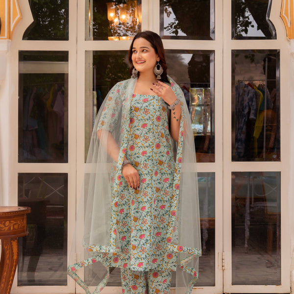 Pomcha Jaipur Gaurangi Pista Green Jaal Print Cotton Suit Set - Distacart