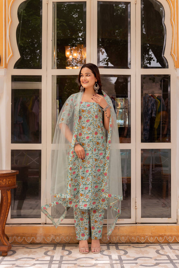 Pomcha Jaipur Gaurangi Pista Green Jaal Print Cotton Suit Set