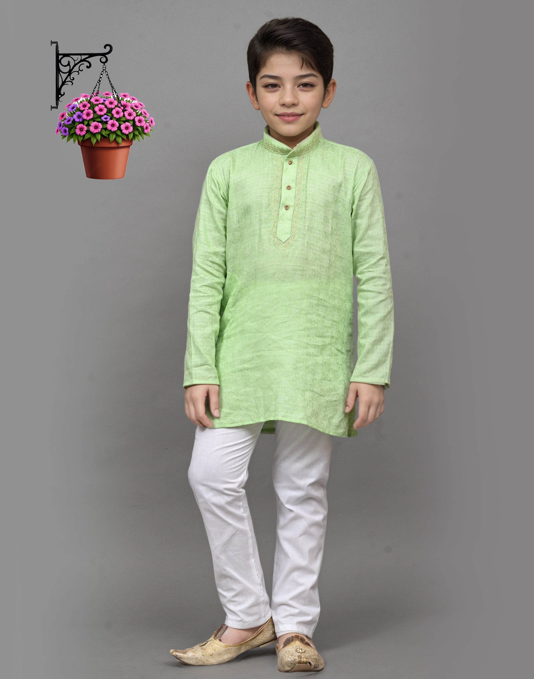 Bluesaanchi Lime Green Self-Design Embroidered Kurta Set – Playful & Festive for Your Little One