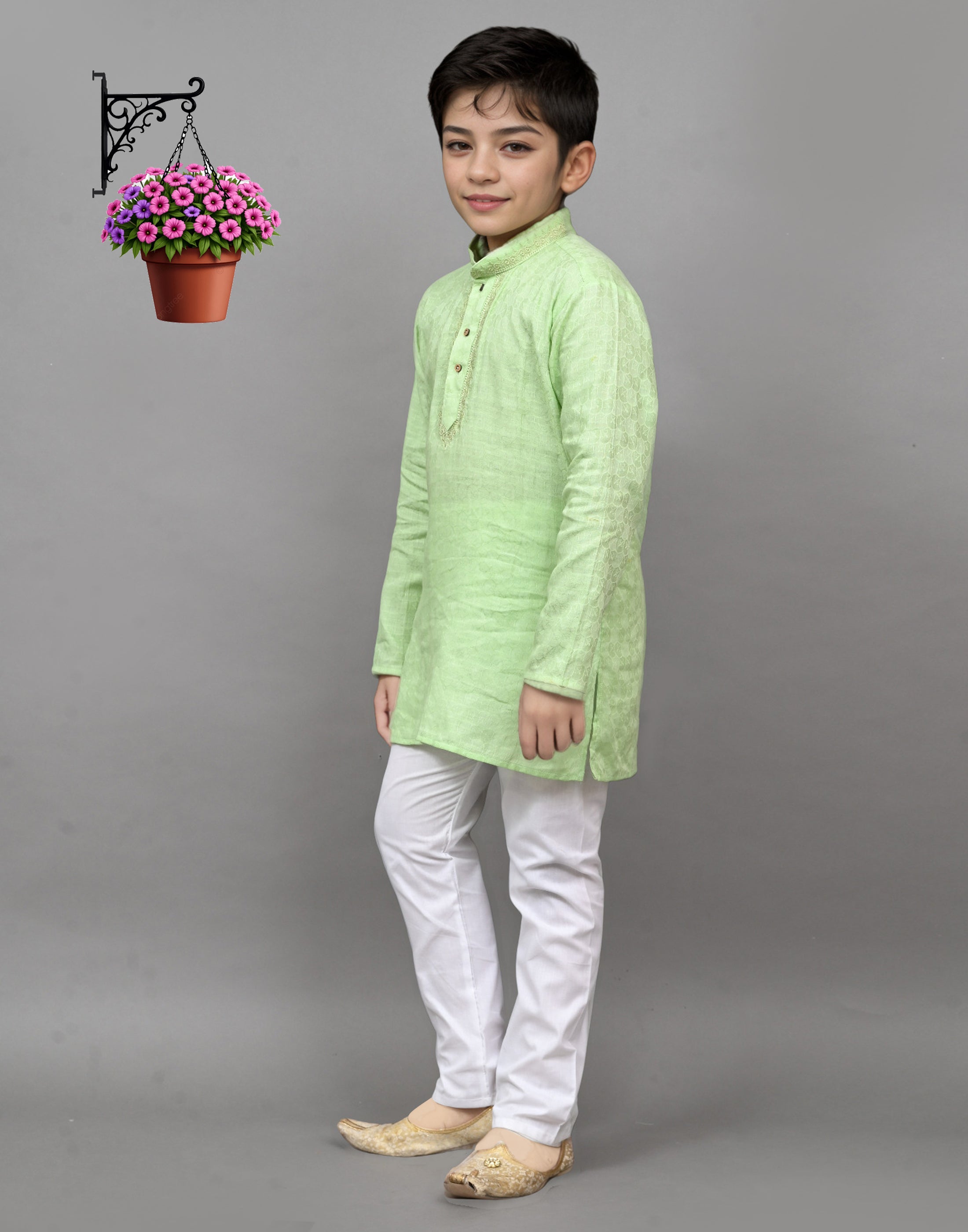 Bluesaanchi Lime Green Self-Design Embroidered Kurta Set – Playful & Festive for Your Little One