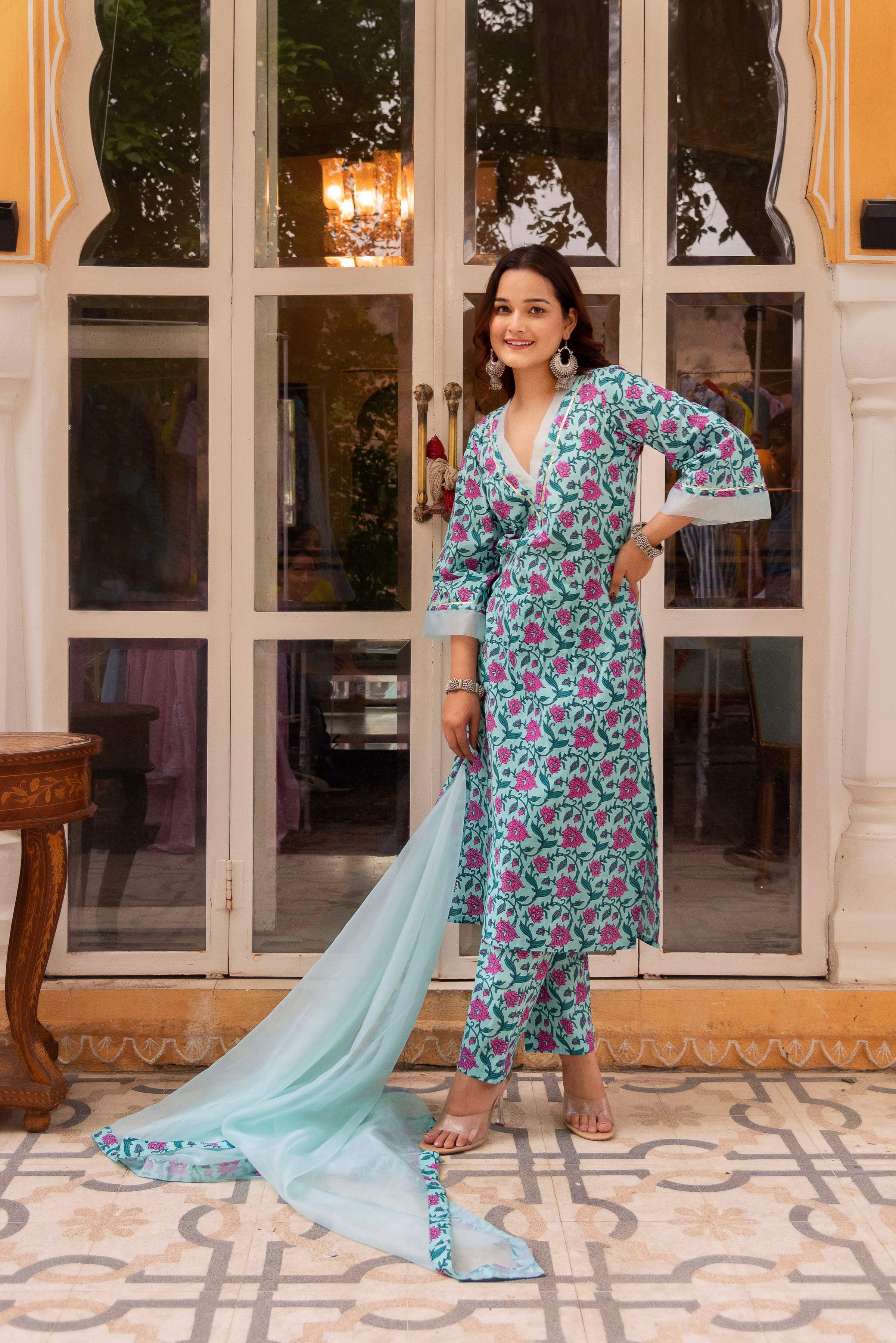 Pomcha Jaipur Gaurangi Aasmani Blue Cotton Suit Set - Distacart