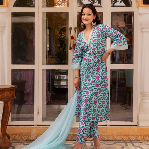 Pomcha Jaipur Gaurangi Aasmani Blue Cotton Suit Set - Distacart