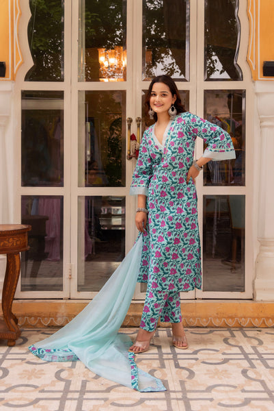 Pomcha Jaipur Gaurangi Aasmani Blue Cotton Suit Set