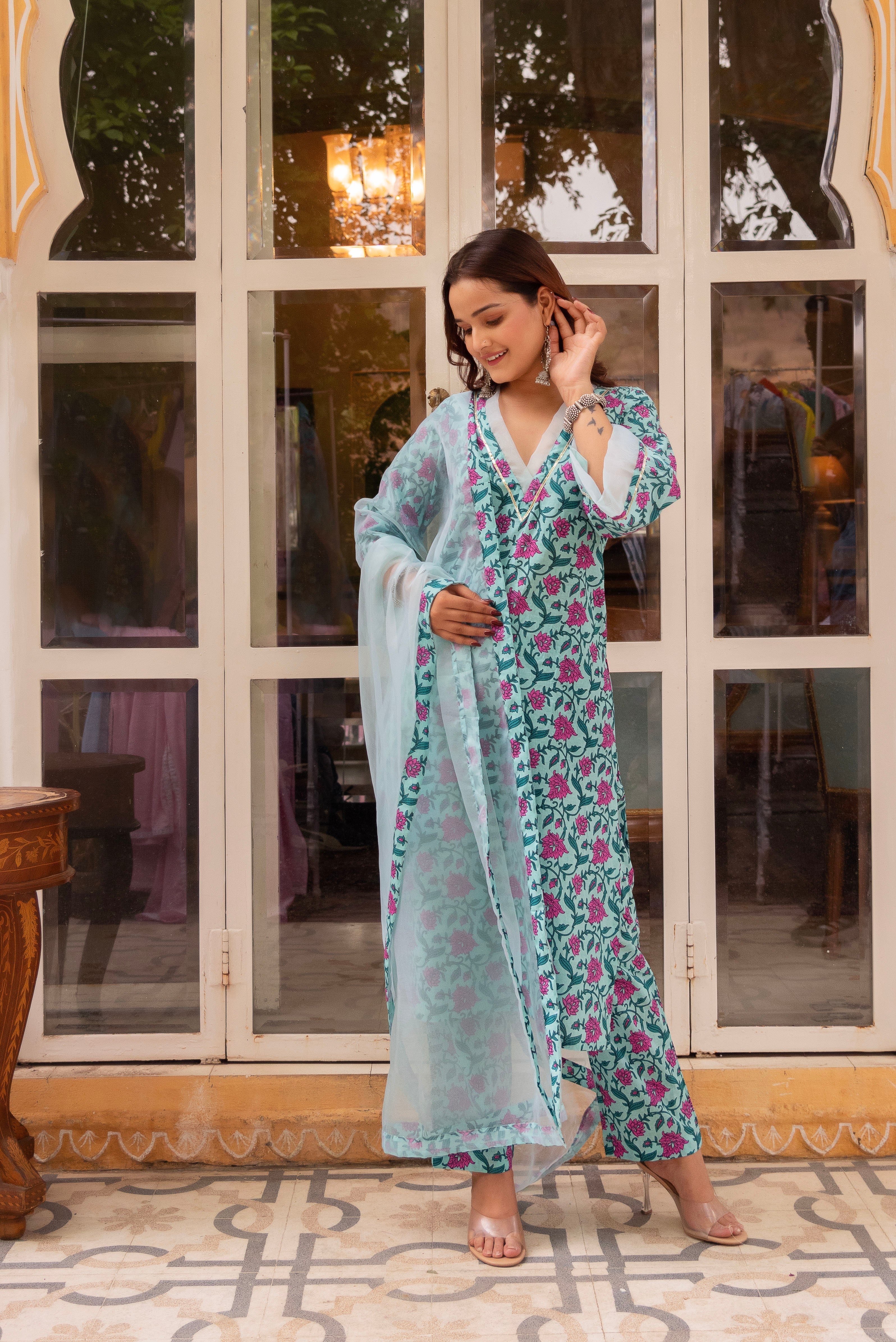 Pomcha Jaipur Gaurangi Aasmani Blue Cotton Suit Set