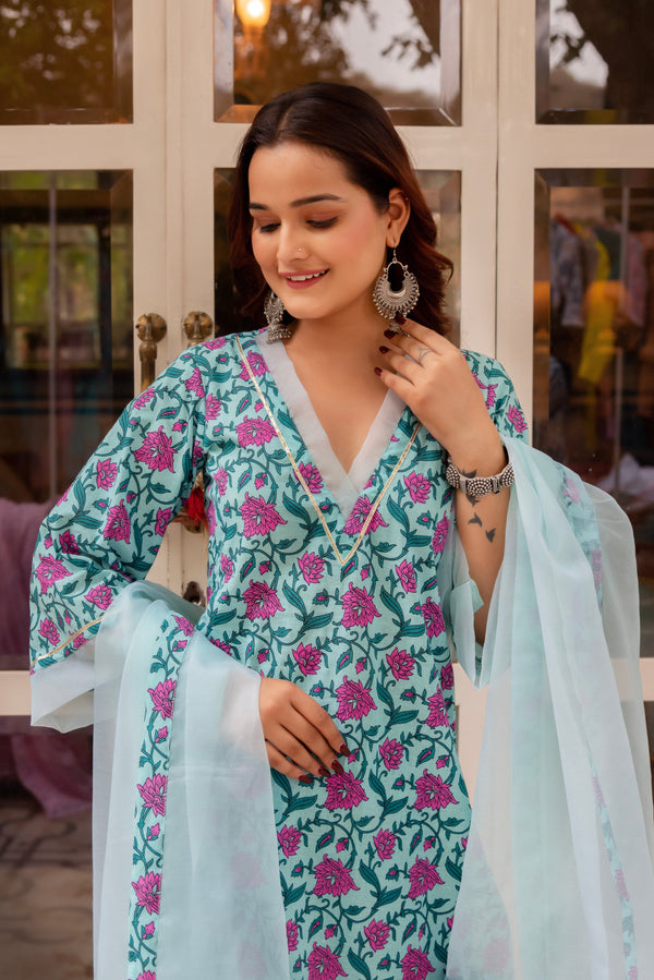 Pomcha Jaipur Gaurangi Aasmani Blue Cotton Suit Set