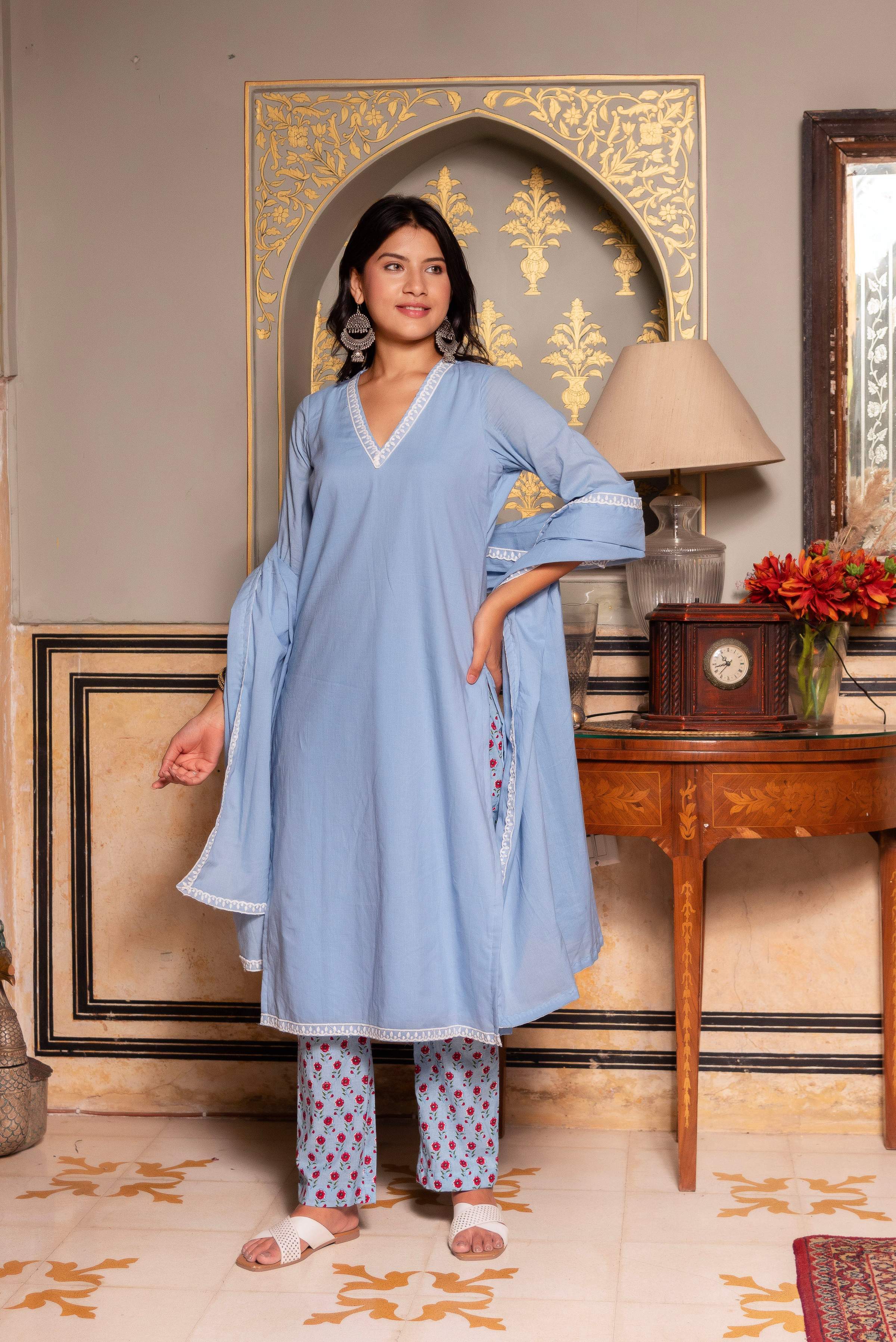 Pomcha Jaipur Gaurangi Powder Blue Printed Pants Cotton Suit Set - Distacart