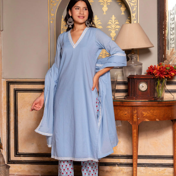 Pomcha Jaipur Gaurangi Powder Blue Printed Pants Cotton Suit Set - Distacart