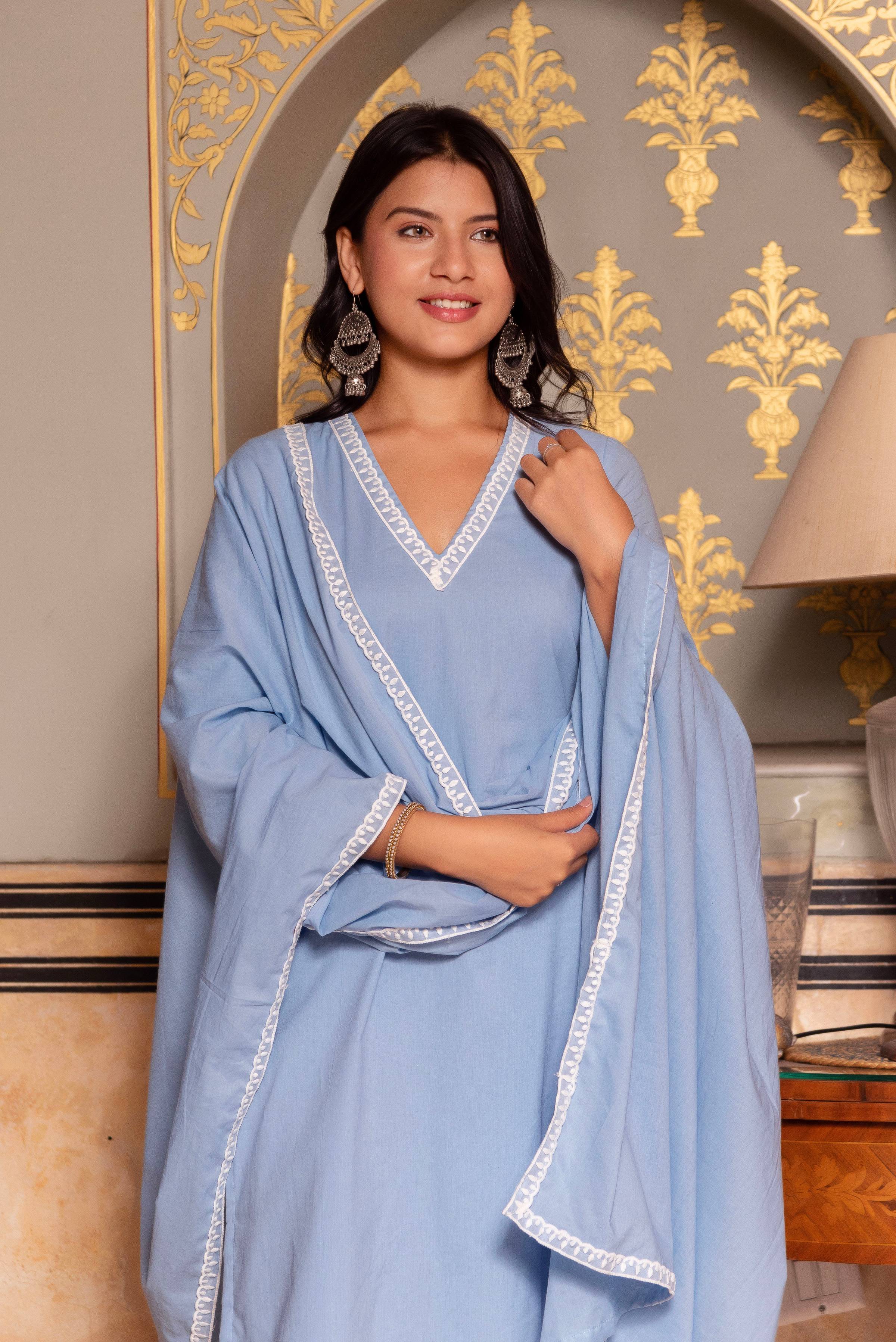 Pomcha Jaipur Gaurangi Powder Blue Printed Pants Cotton Suit Set - Distacart