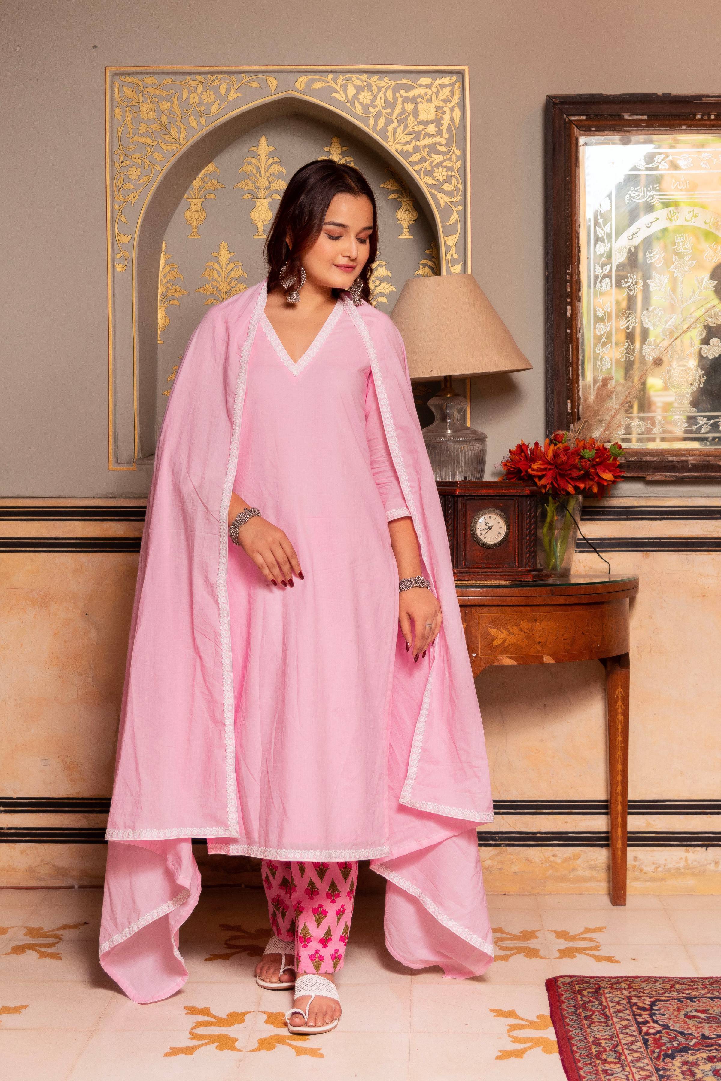 Pomcha Jaipur Gaurangi Pink Printed Pants Cotton Suit Set - Distacart
