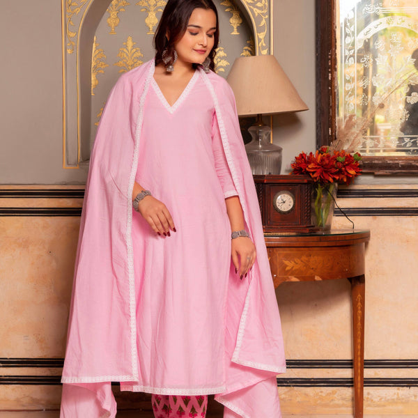 Pomcha Jaipur Gaurangi Pink Printed Pants Cotton Suit Set - Distacart