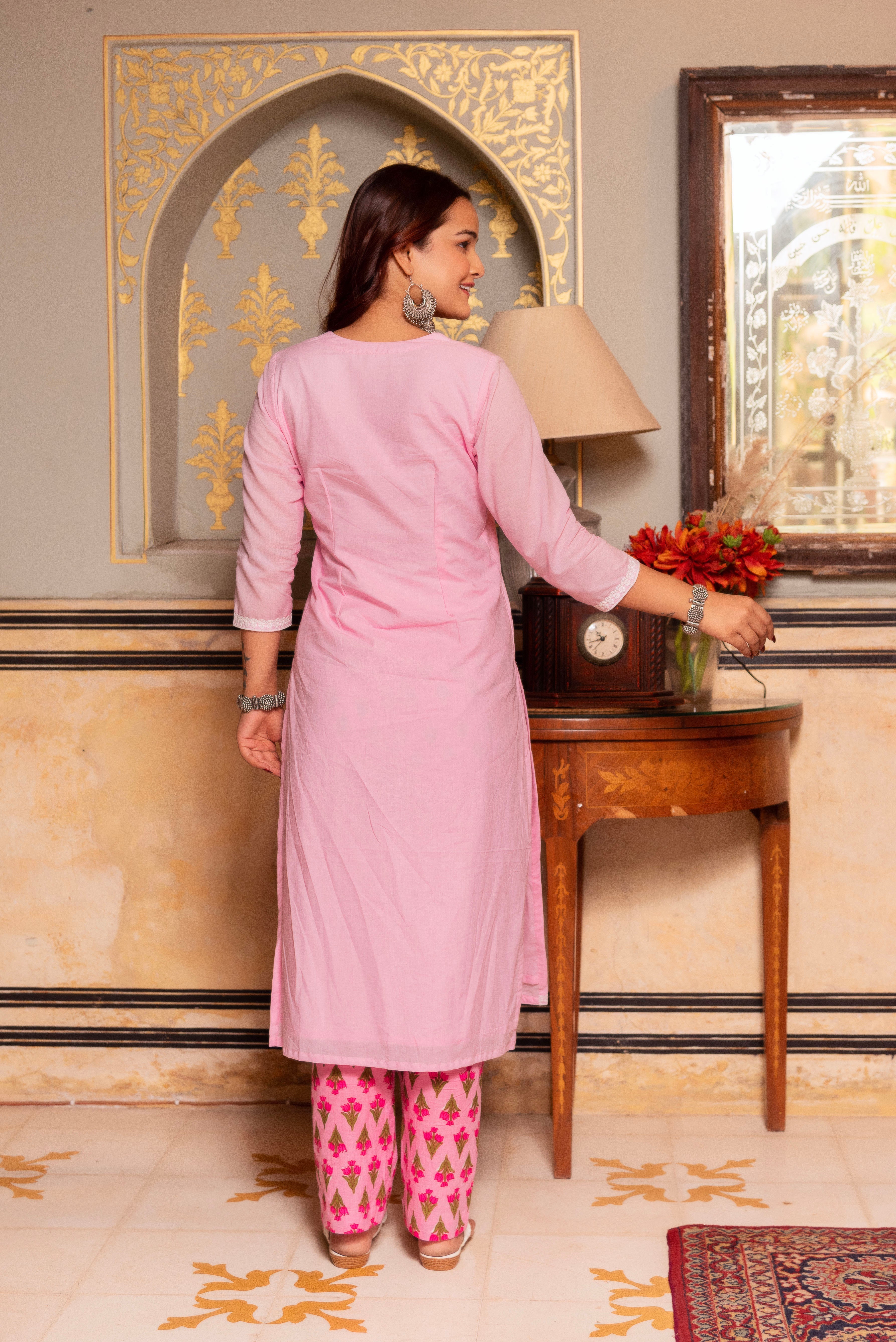 Pomcha Jaipur Gaurangi Pink Printed Pants Cotton Suit Set
