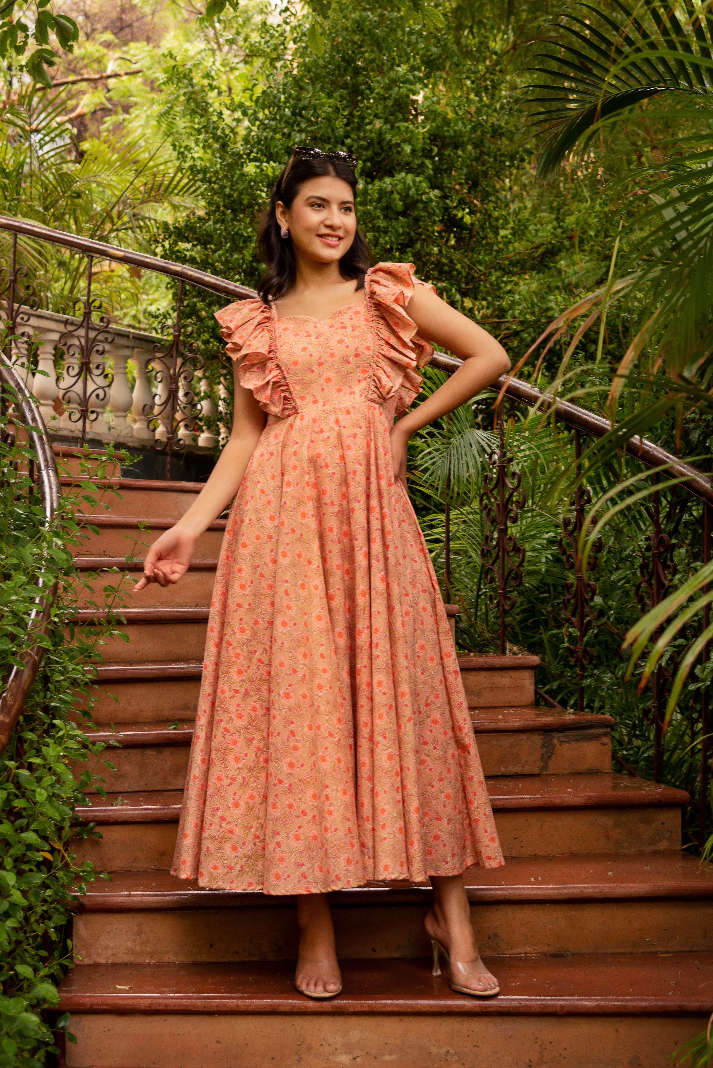 Pomcha Jaipur Gaurangi Peach Aasma Cotton Printed Dress - Distacart