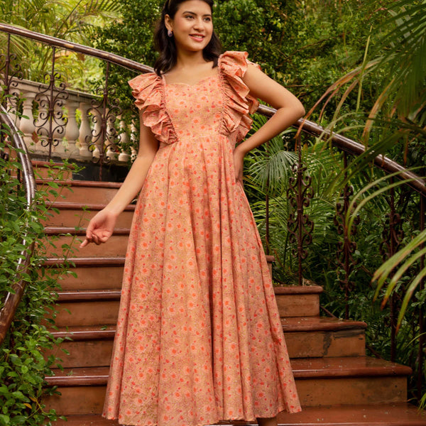 Pomcha Jaipur Gaurangi Peach Aasma Cotton Printed Dress - Distacart