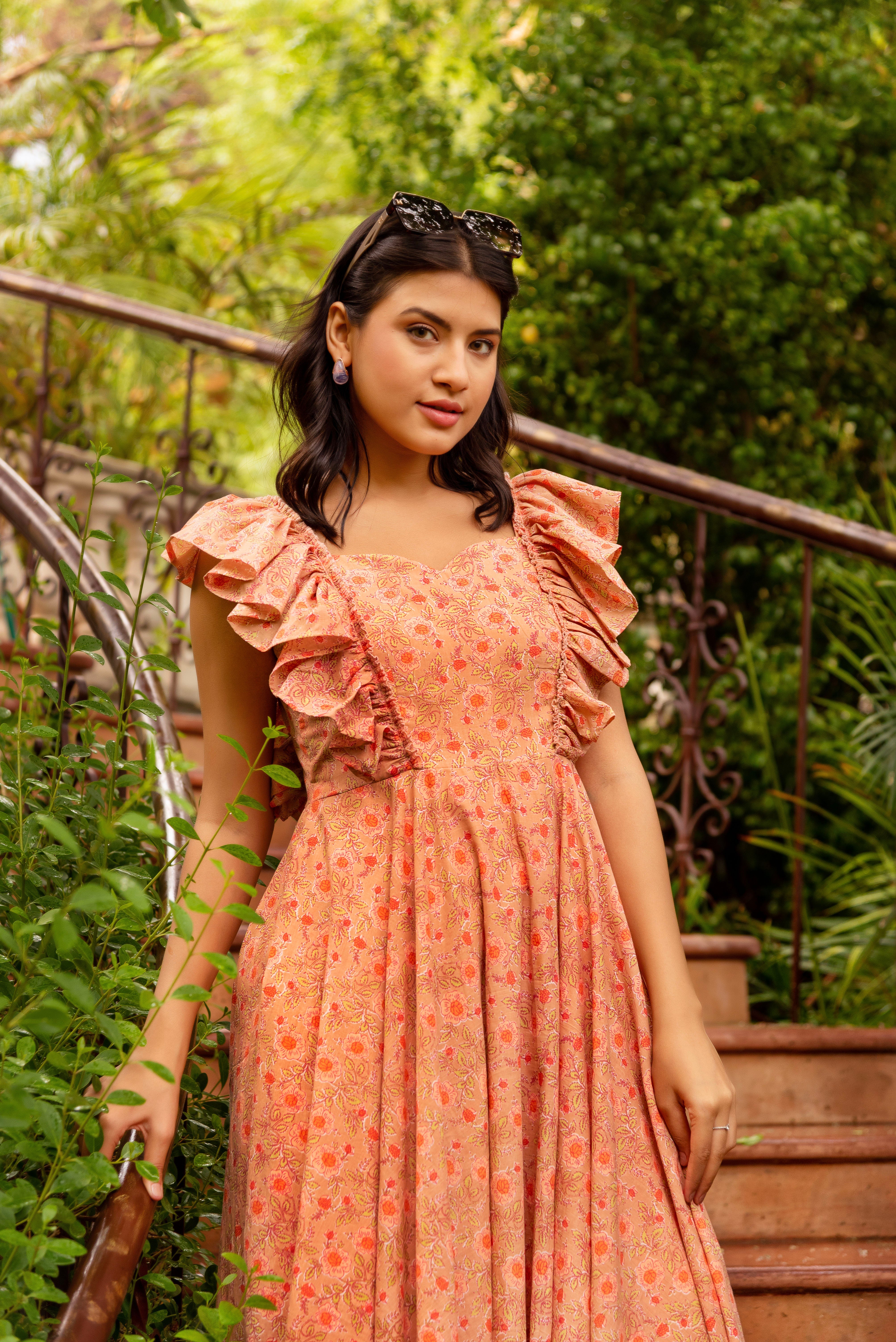 Pomcha Jaipur Gaurangi Peach Aasma Cotton Printed Dress