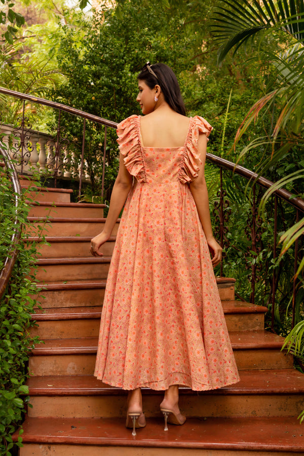 Pomcha Jaipur Gaurangi Peach Aasma Cotton Printed Dress
