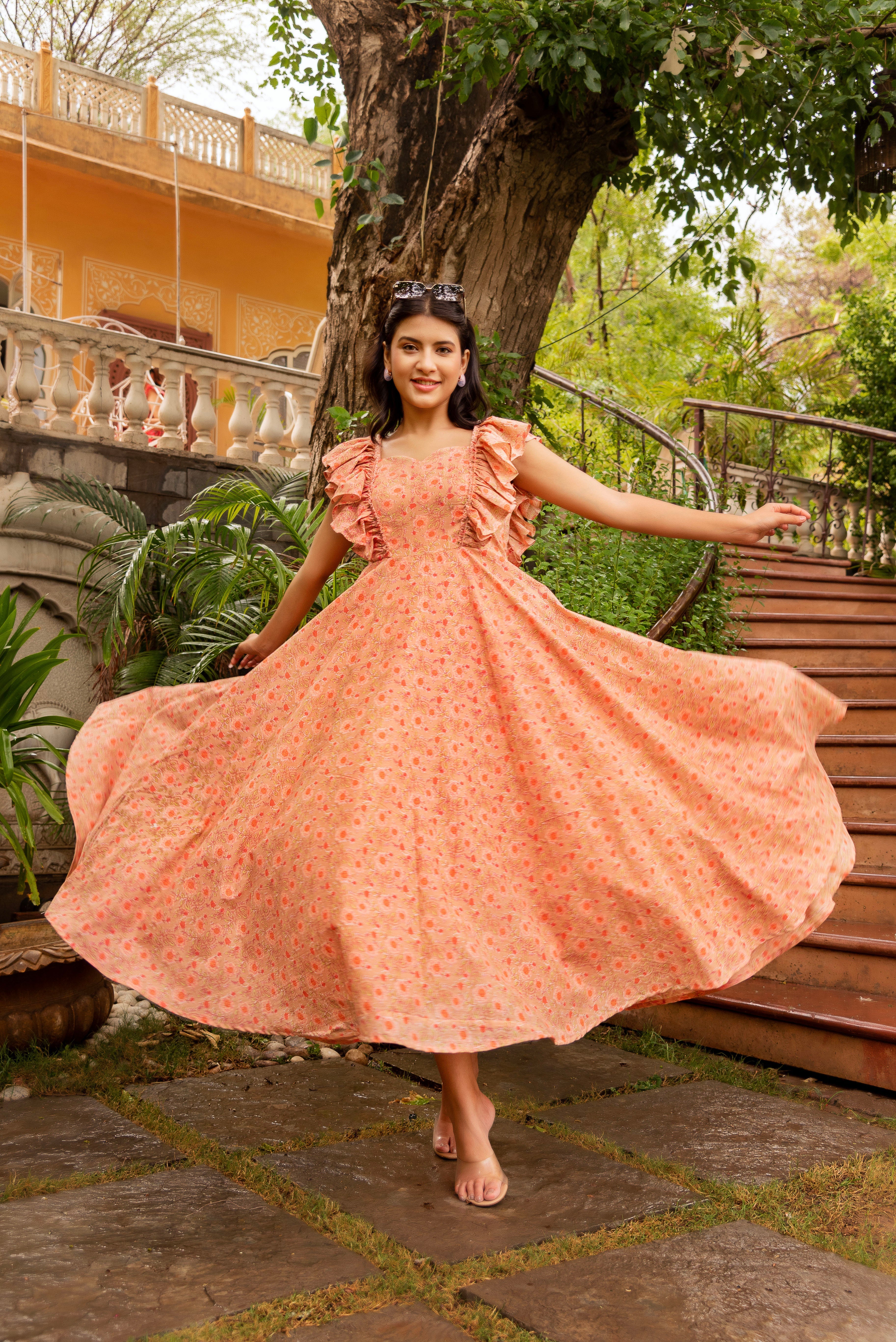 Pomcha Jaipur Gaurangi Peach Aasma Cotton Printed Dress
