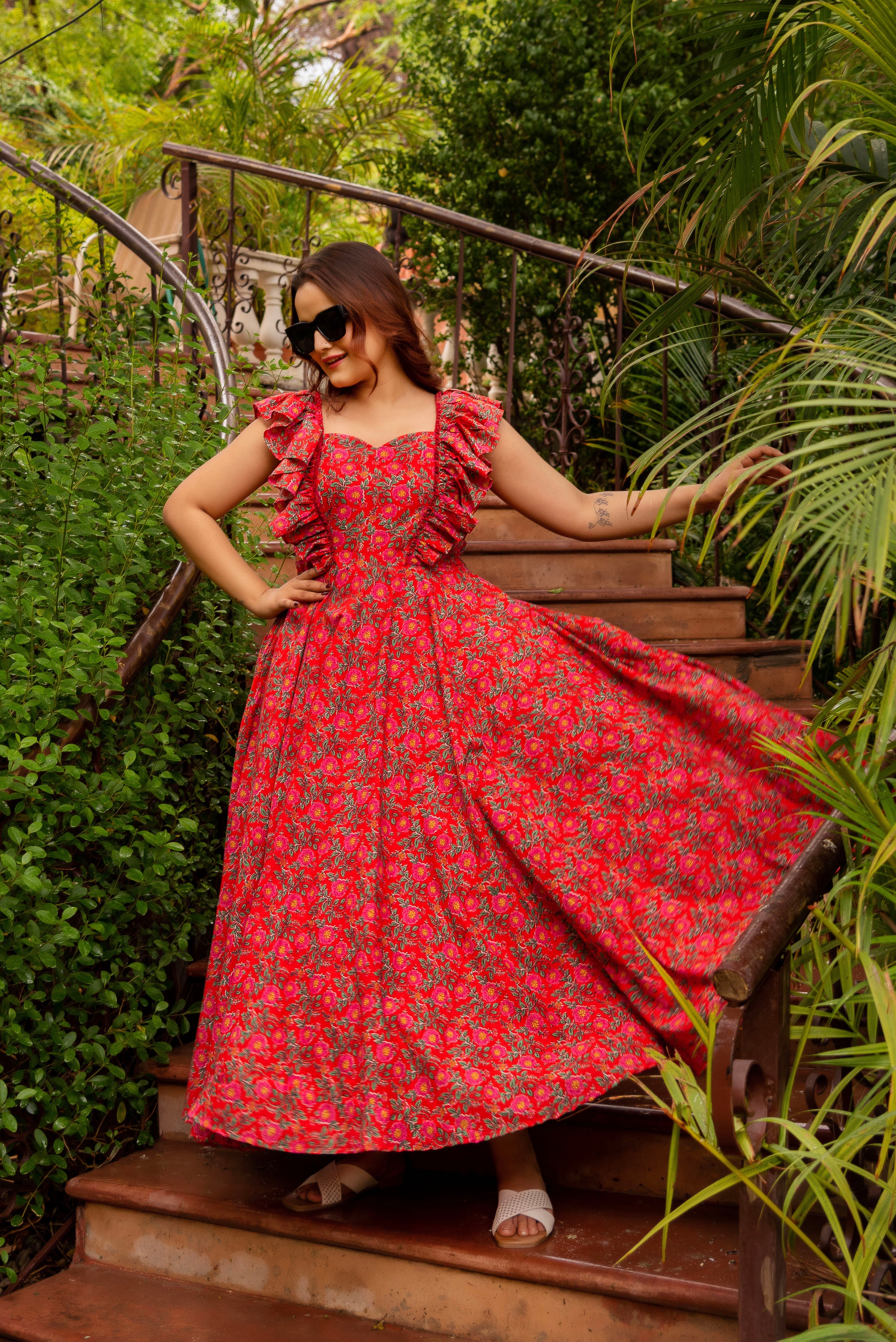 Pomcha Jaipur Gaurangi Red Inaya Cotton Printed Dress