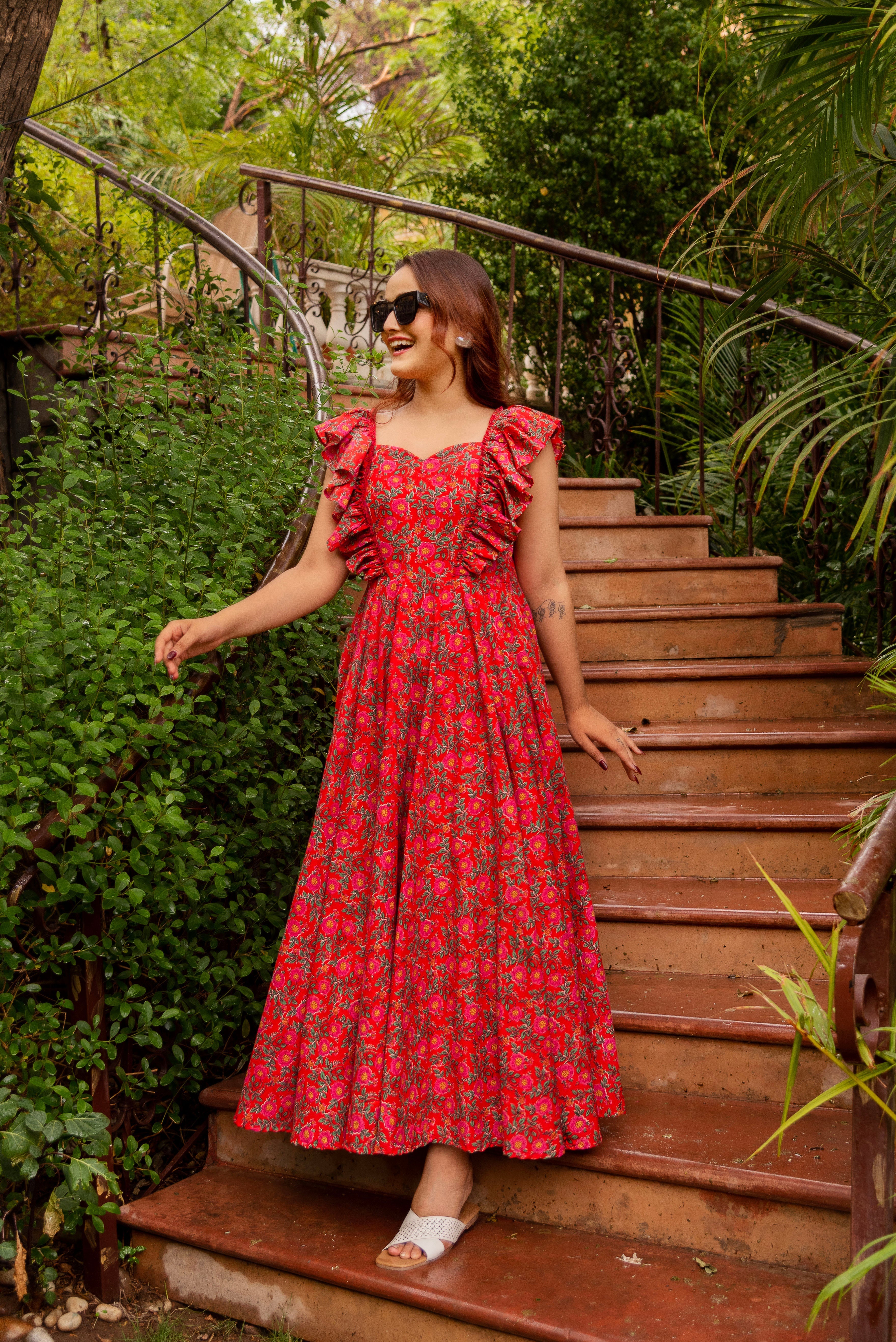 Pomcha Jaipur Gaurangi Red Inaya Cotton Printed Dress