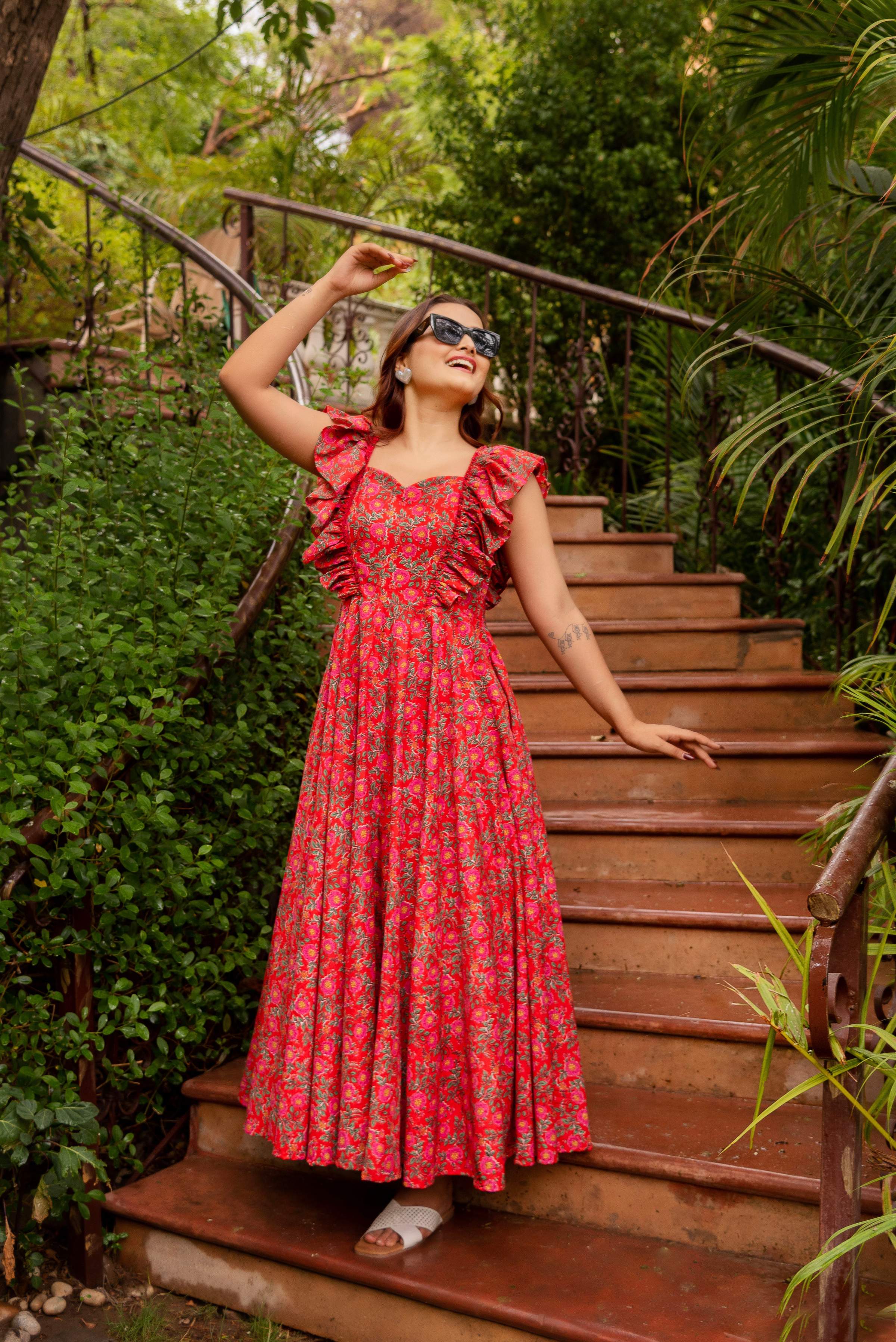 Pomcha Jaipur Gaurangi Red Inaya Cotton Printed Dress - Distacart