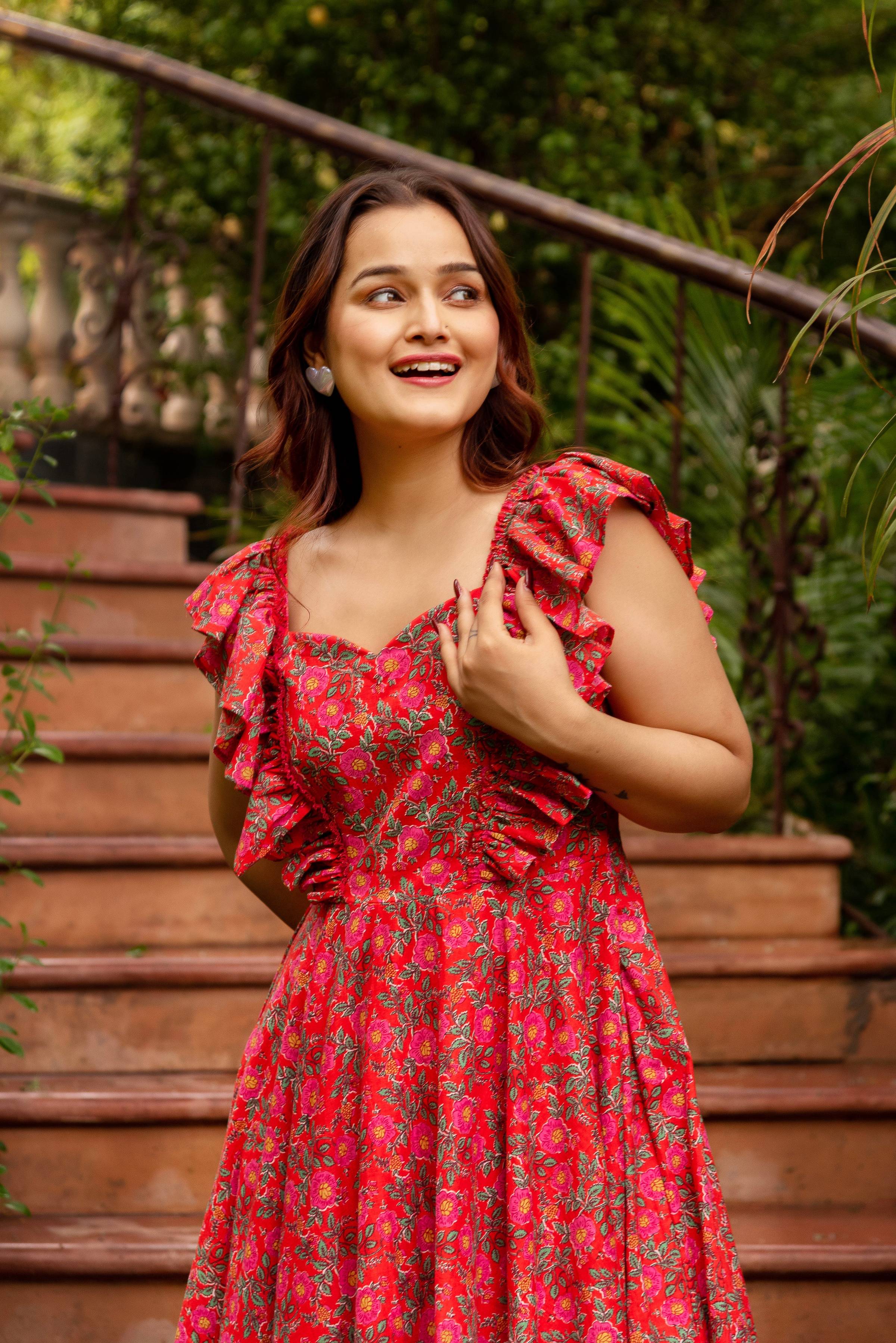 Pomcha Jaipur Gaurangi Red Inaya Cotton Printed Dress - Distacart